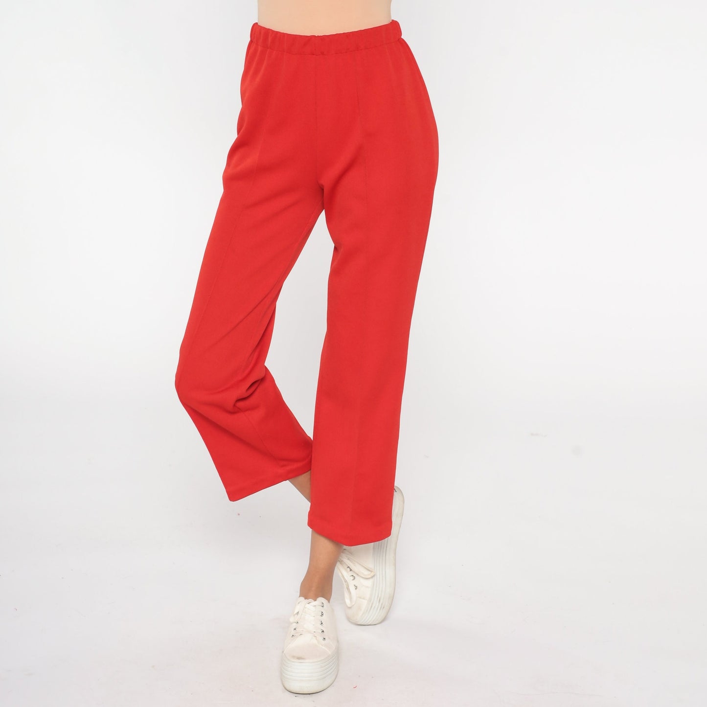 70s Red Straight Leg Pull-On Trousers Elastic Waist Extra Small