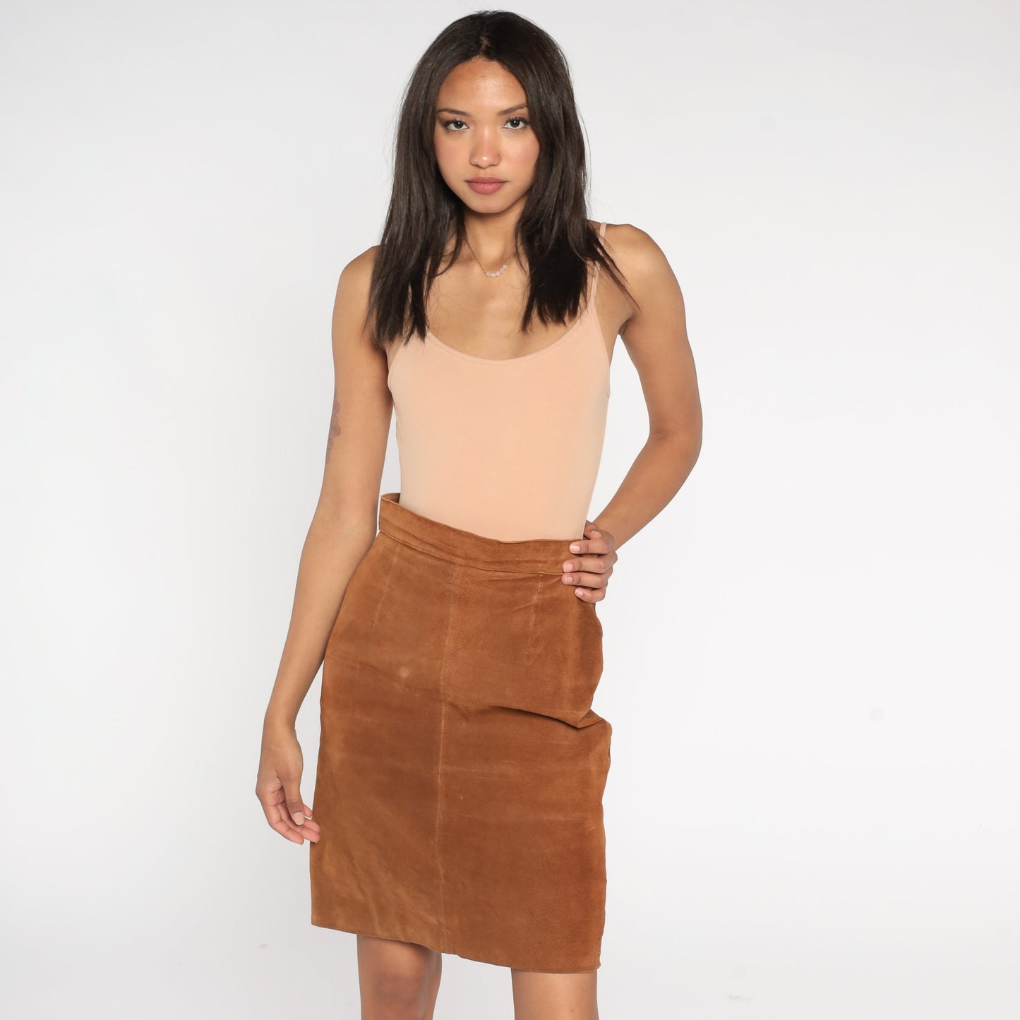 90s Brown Suede Mini Skirt High Waist Pencil Cut Rear Zipper Small