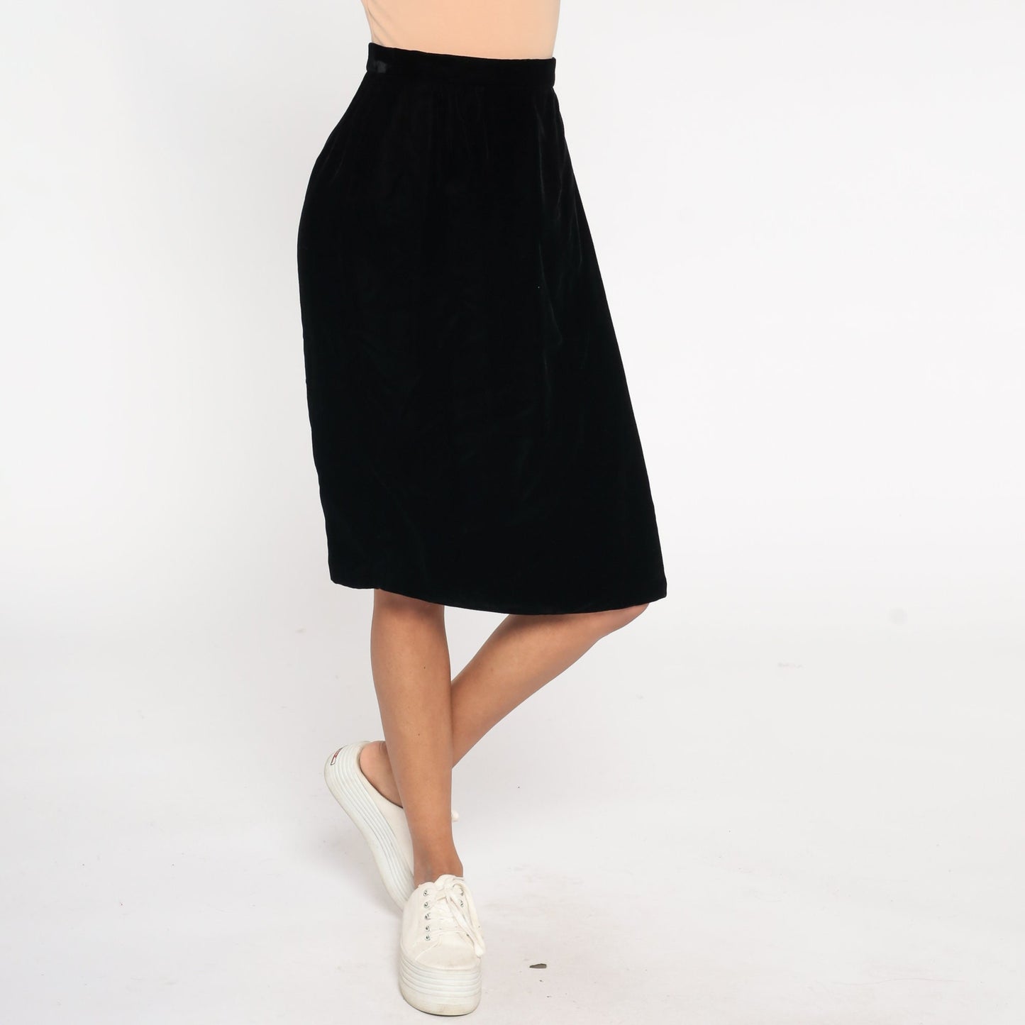 90s Black Velvet Midi Pencil Skirt High Waist Small