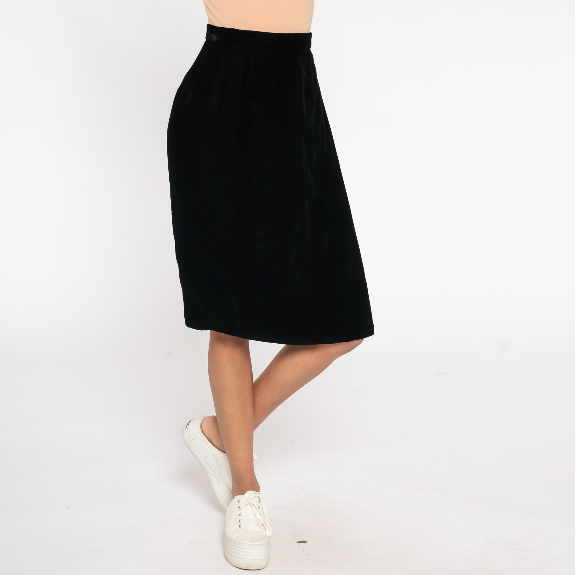 90s Black Velvet Midi Pencil Skirt High Waist Small