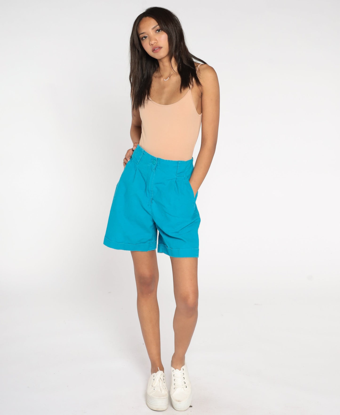 90s Blue Pleated High-Waist Shorts Cuffed Ramie Cotton Small