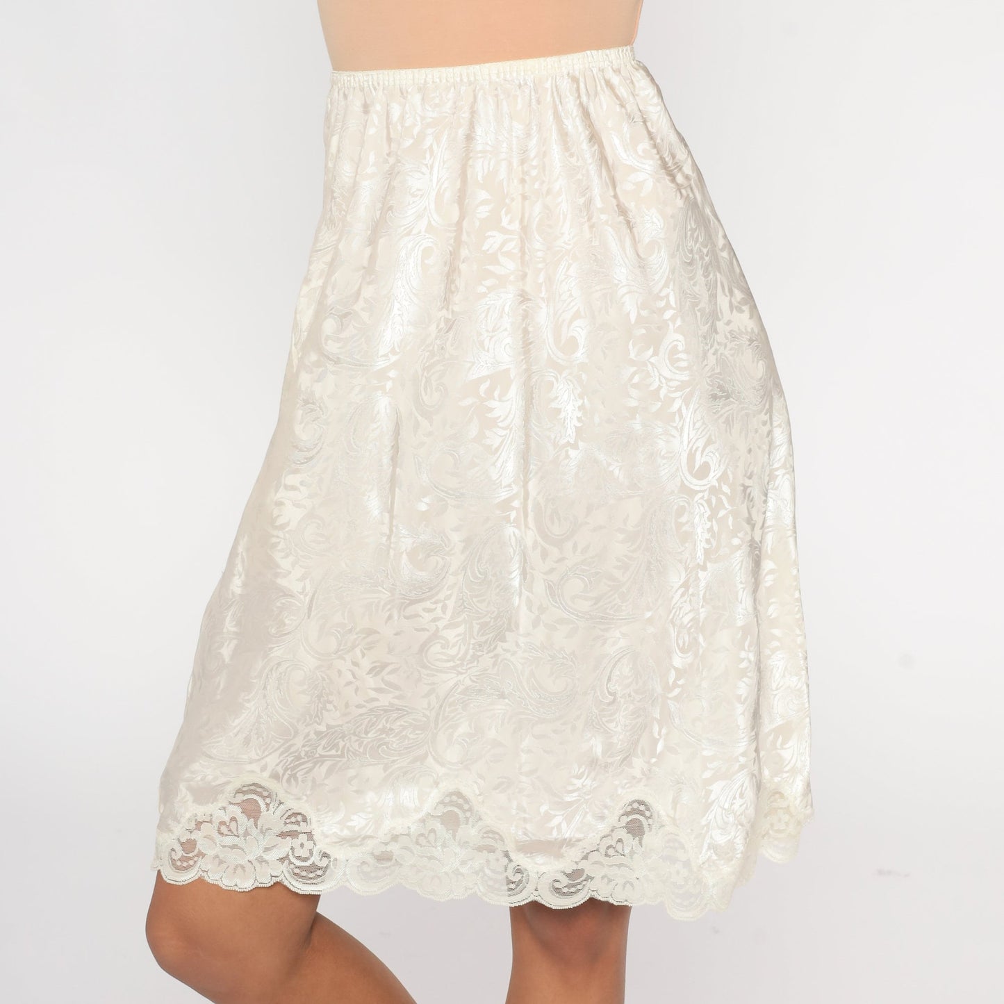 90s White Embossed Midi Slip Skirt Lace Trim High Waist Small