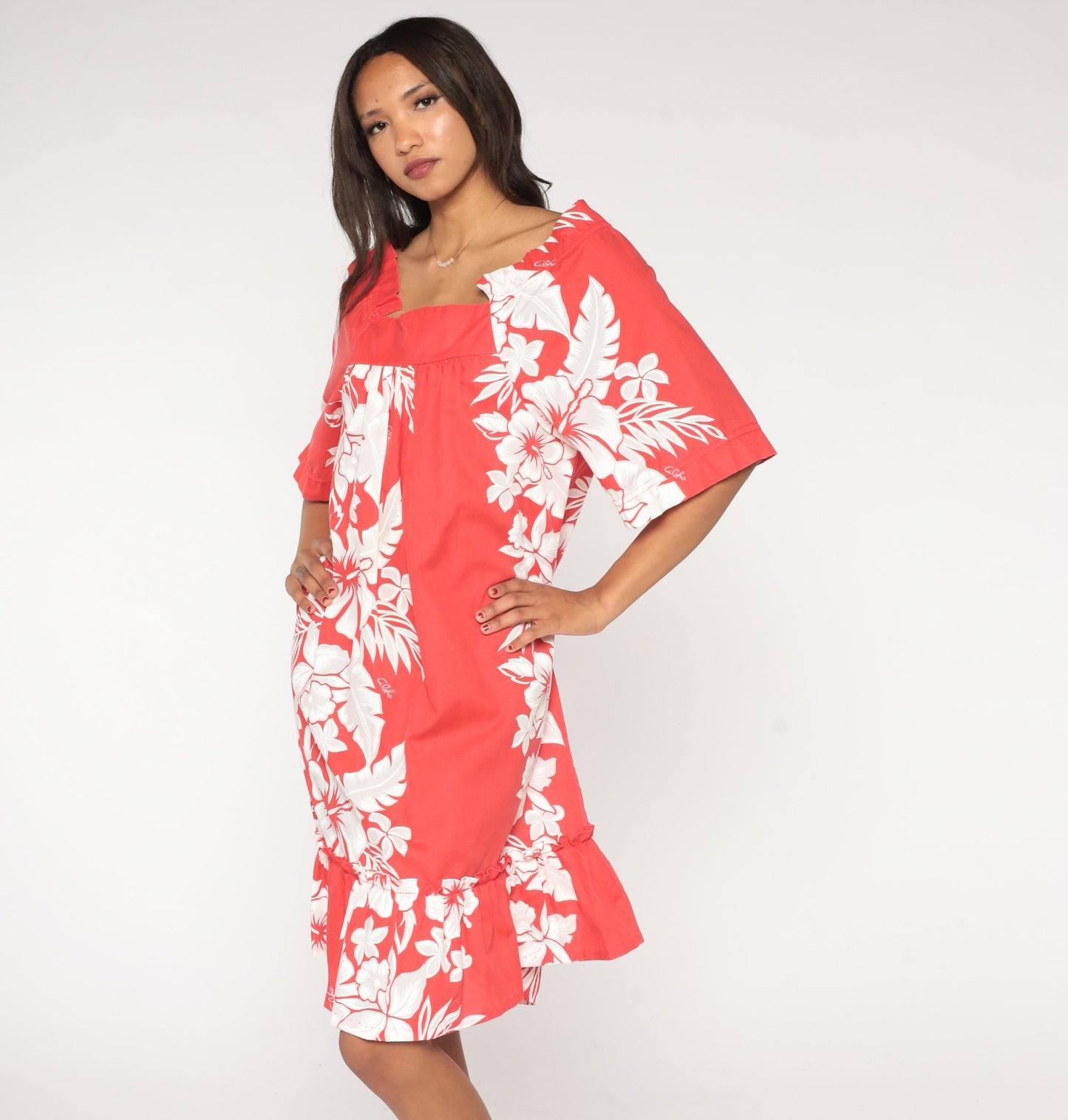 90s Hawaiian Floral Tent Dress Red Tropical Aloha Print Midi Medium