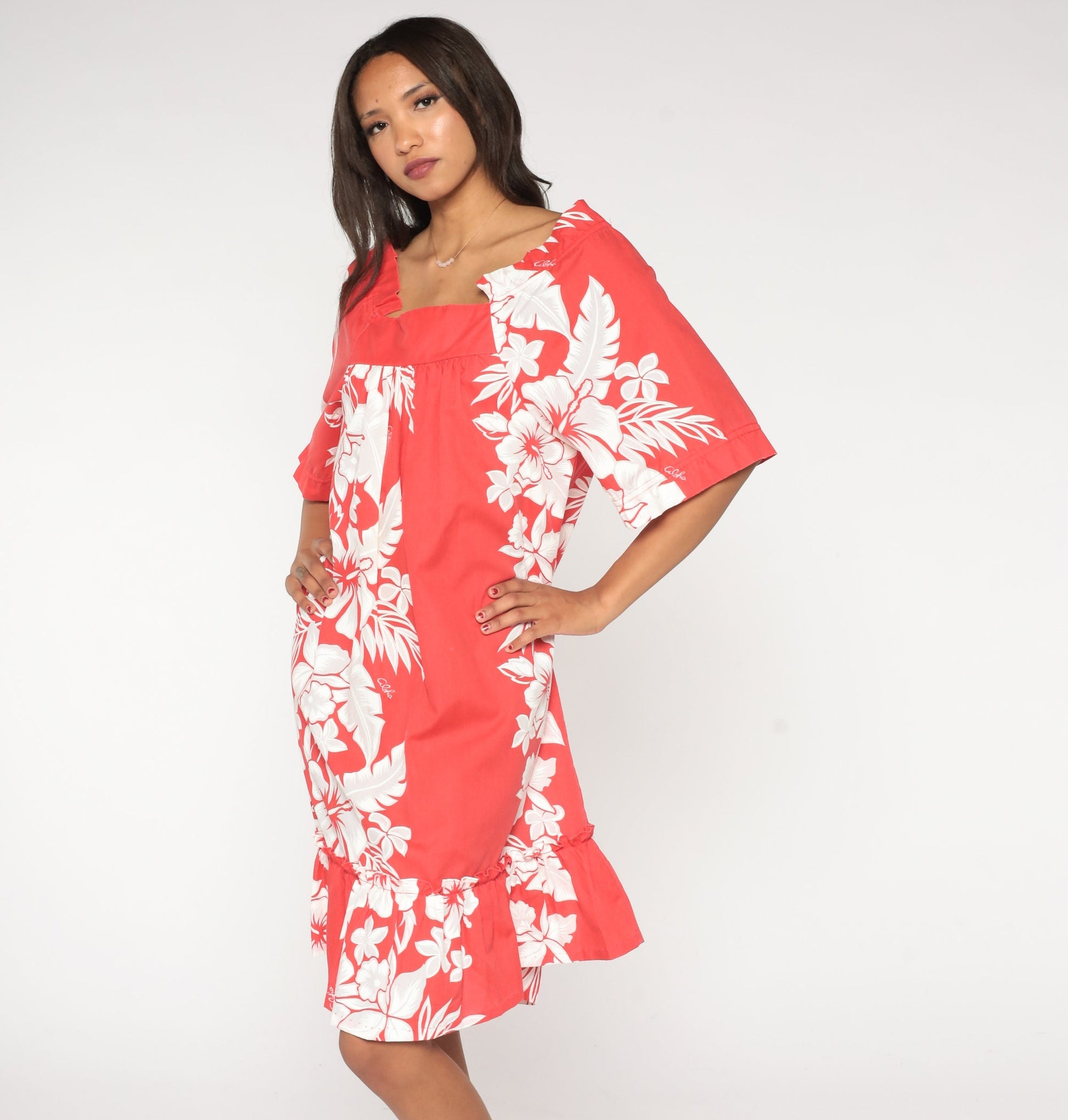 90s Hawaiian Floral Tent Dress Red Tropical Aloha Print Midi Medium