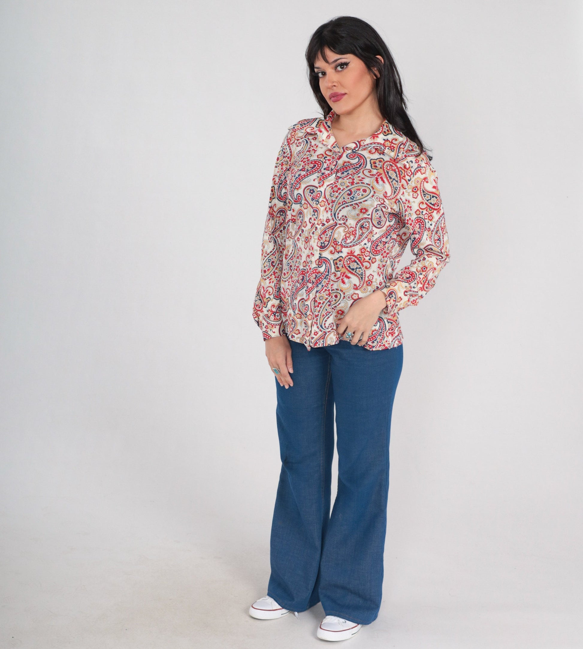 70s Paisley Floral Button-Up Blouse Long Sleeve Collared Shirt White Red Blue Tan Large L