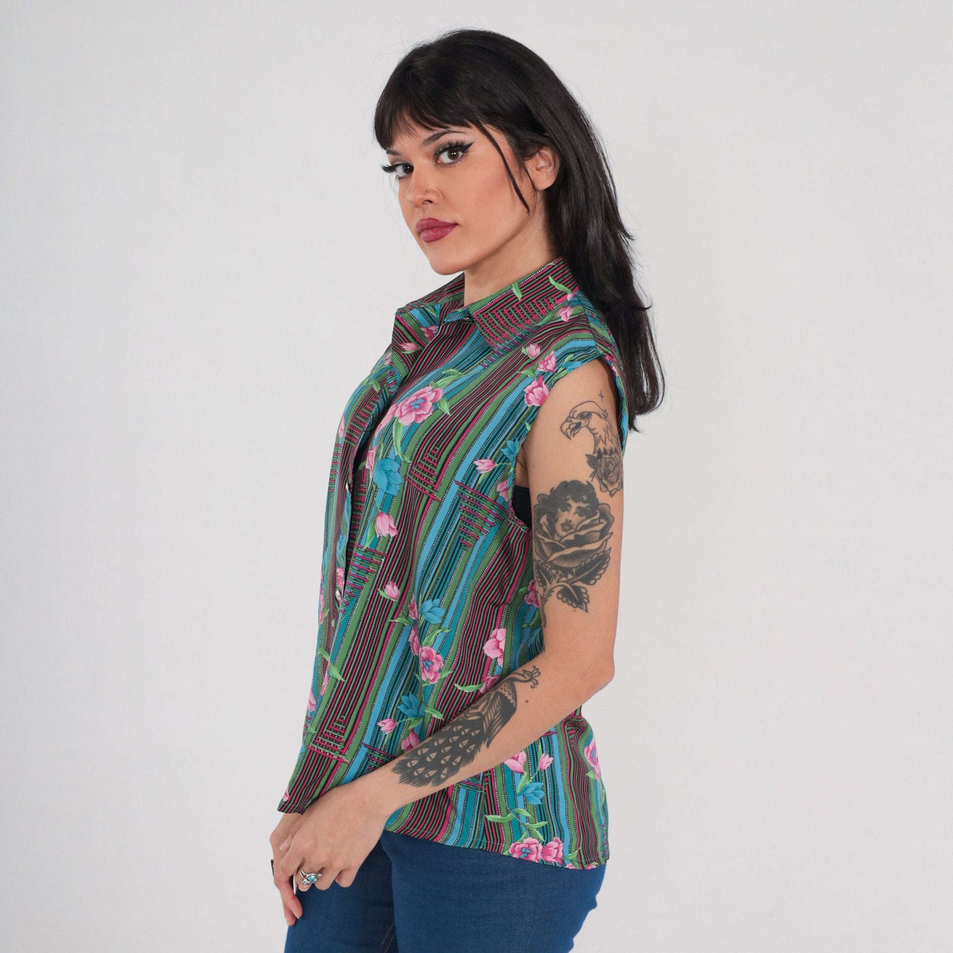70s Striped Floral Button-Up Tank Top Collared Sleeveless Blouse Large