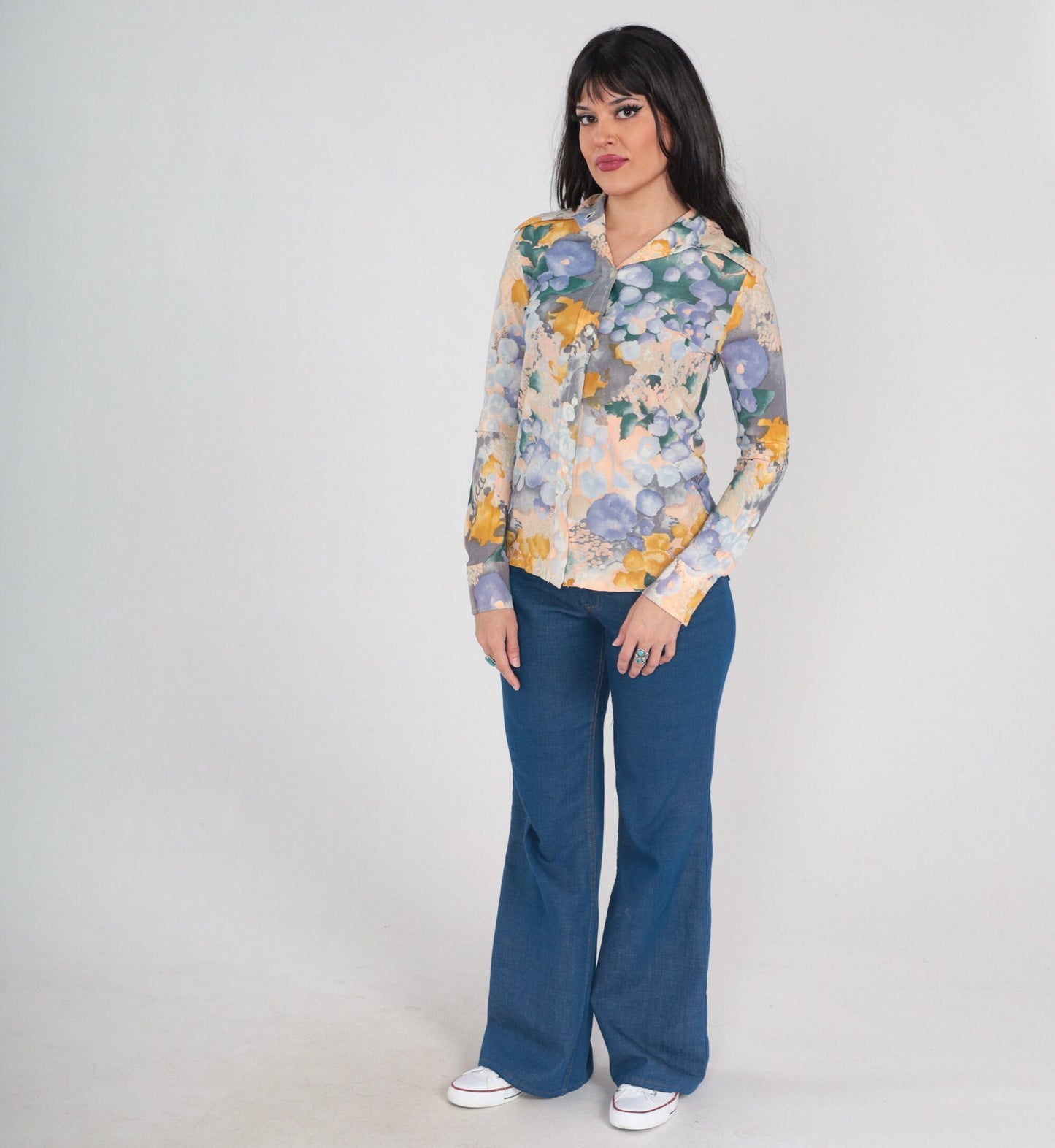 70s Watercolor Floral Button-Up Blouse Dagger Collar Long Sleeve Purple Green Extra Small