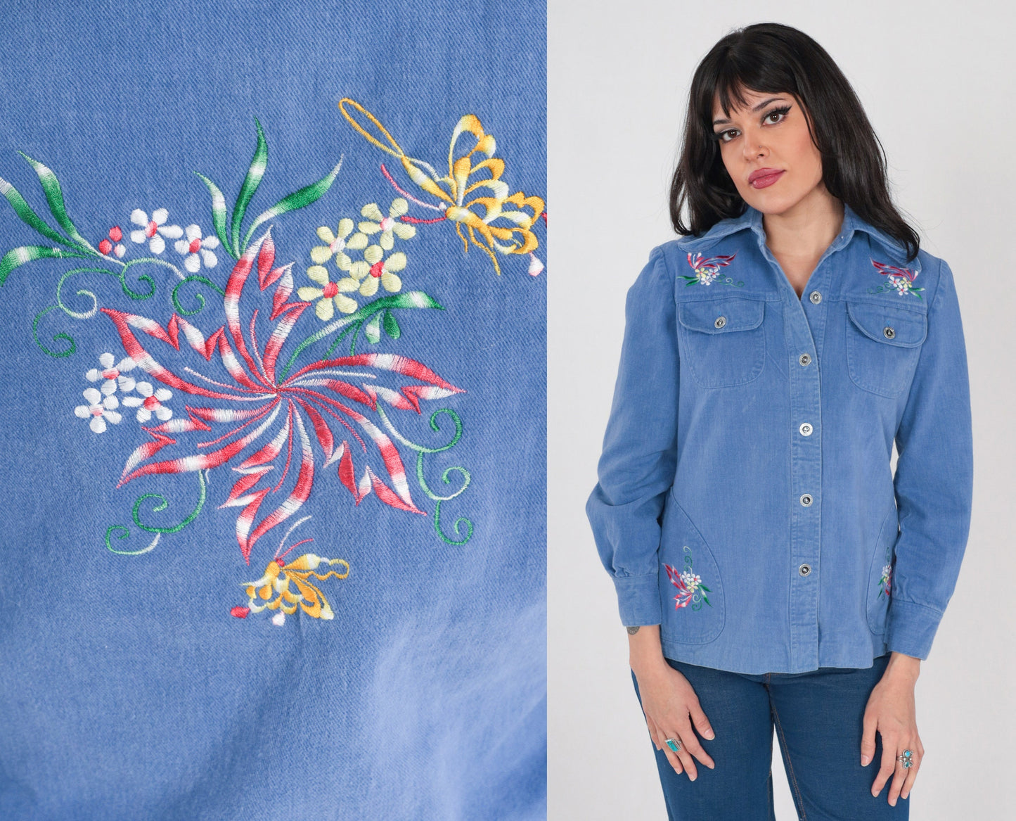 70s Floral Embroidered Denim Shirt Blue Cotton Button-Up Small