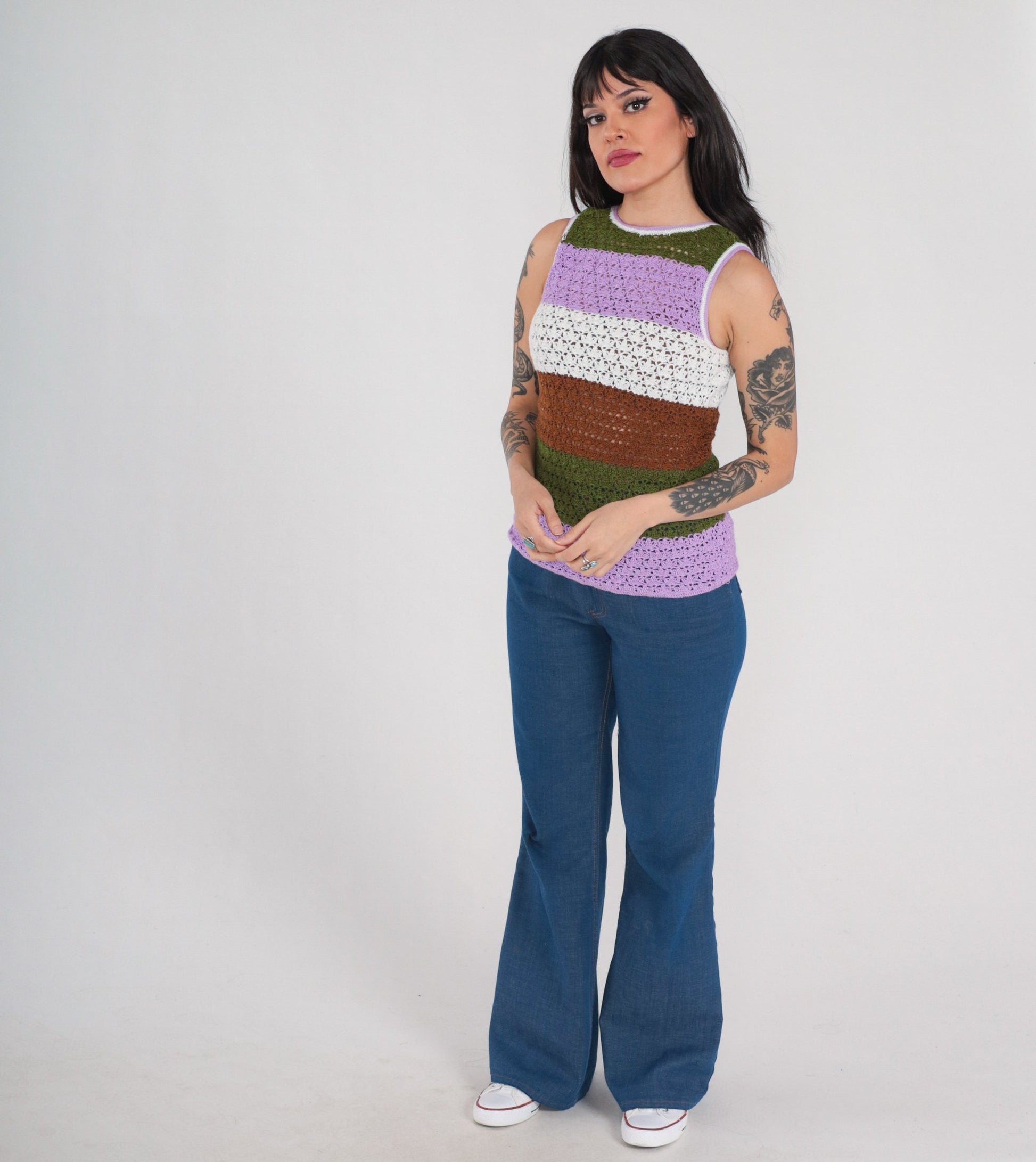70s Striped Crochet Tank Top Multicolor Knit Sleeveless Small