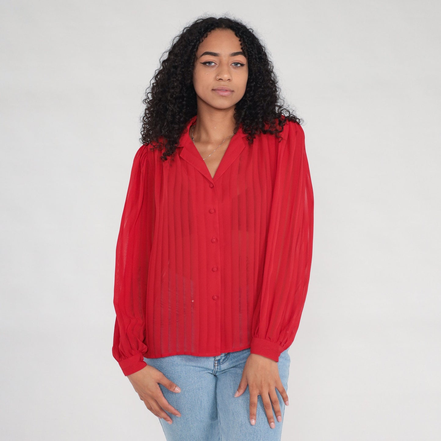 80s Red Striped Puff Sleeve Button-Up Blouse Semi-Sheer Long Sleeve Medium Large