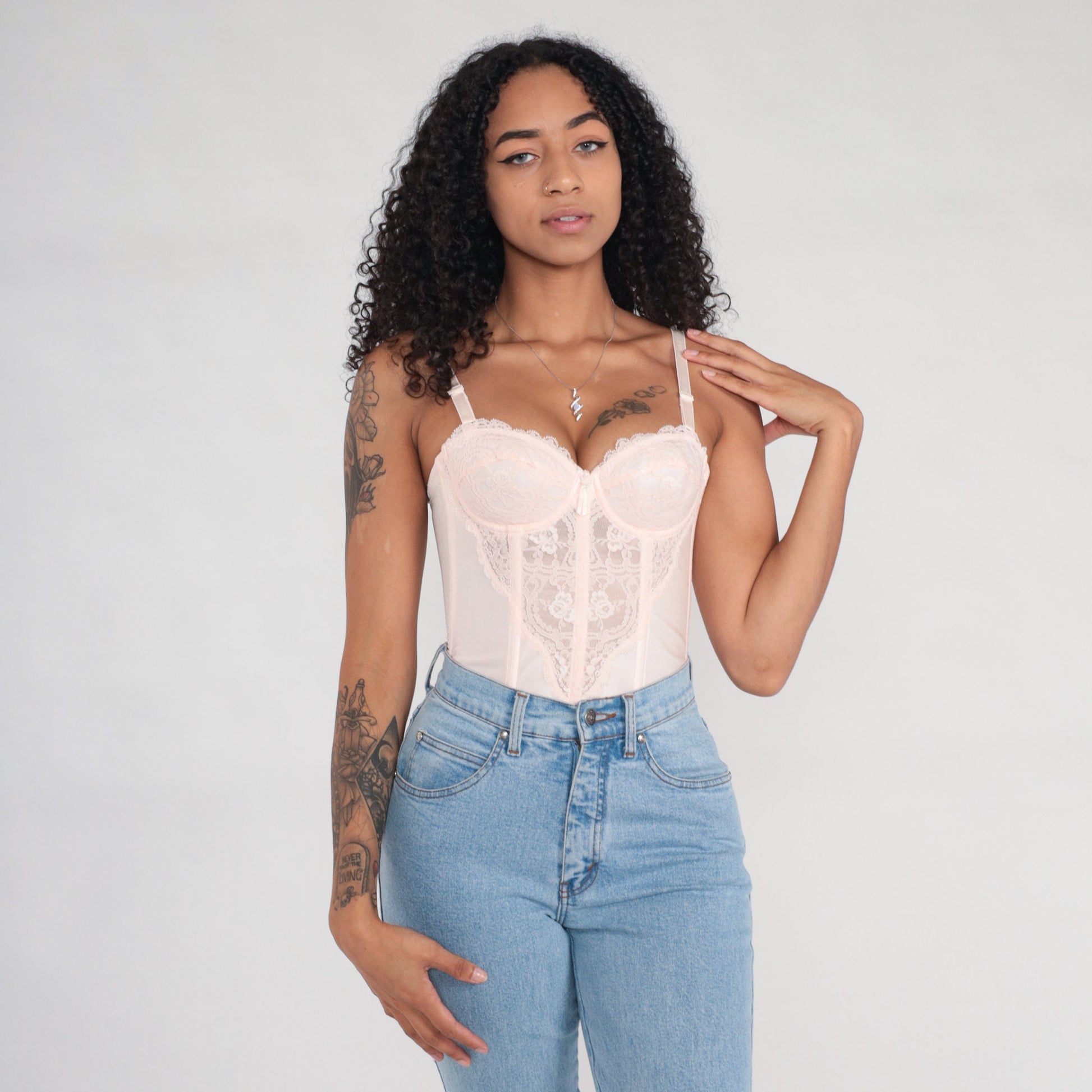 80s Baby Pink Lace Bustier Corset Underwire Removable Straps 34B