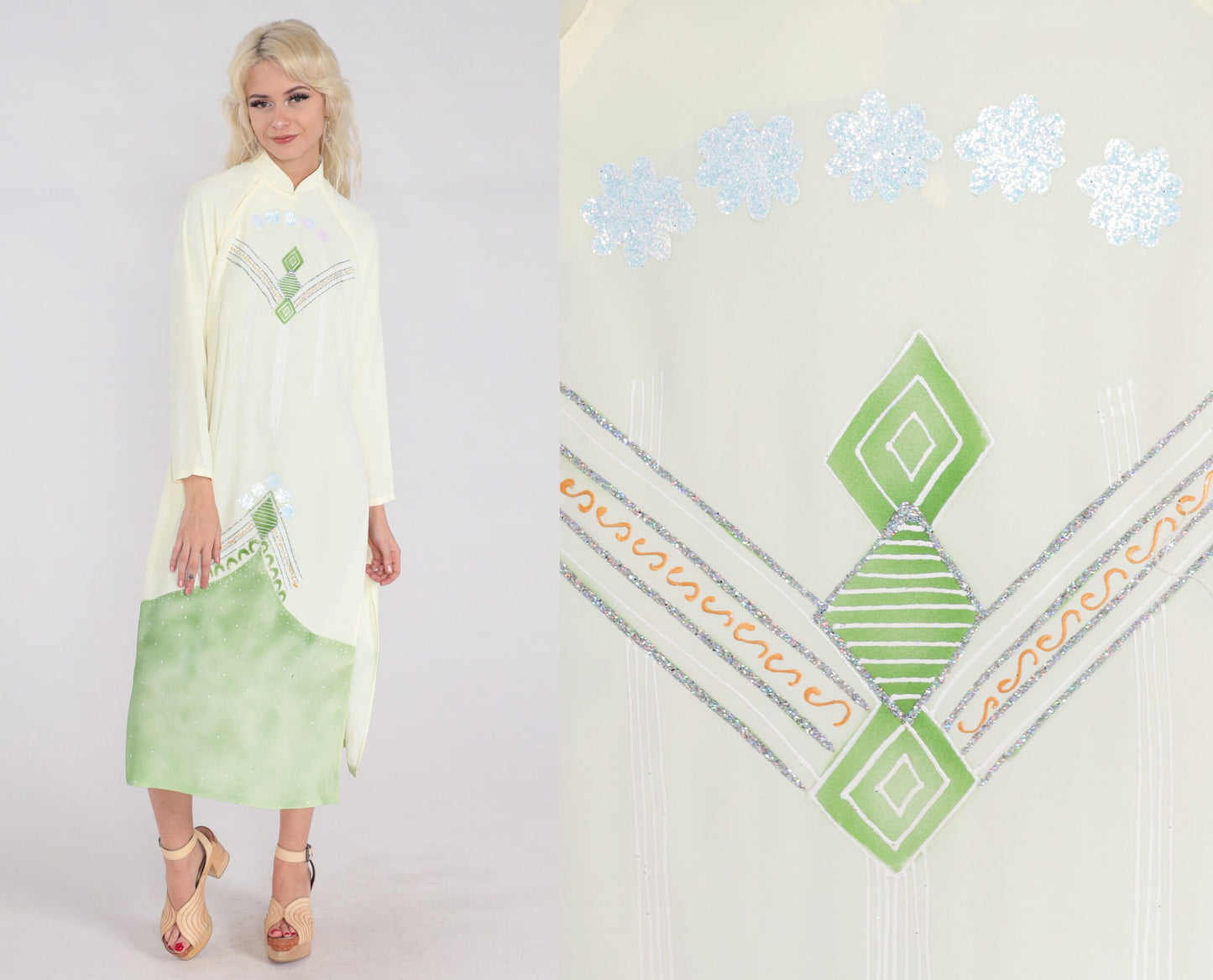 90s Vietnamese Ao Dai Midi Dress Light Yellow Mandarin Collar Long Sleeve Medium M