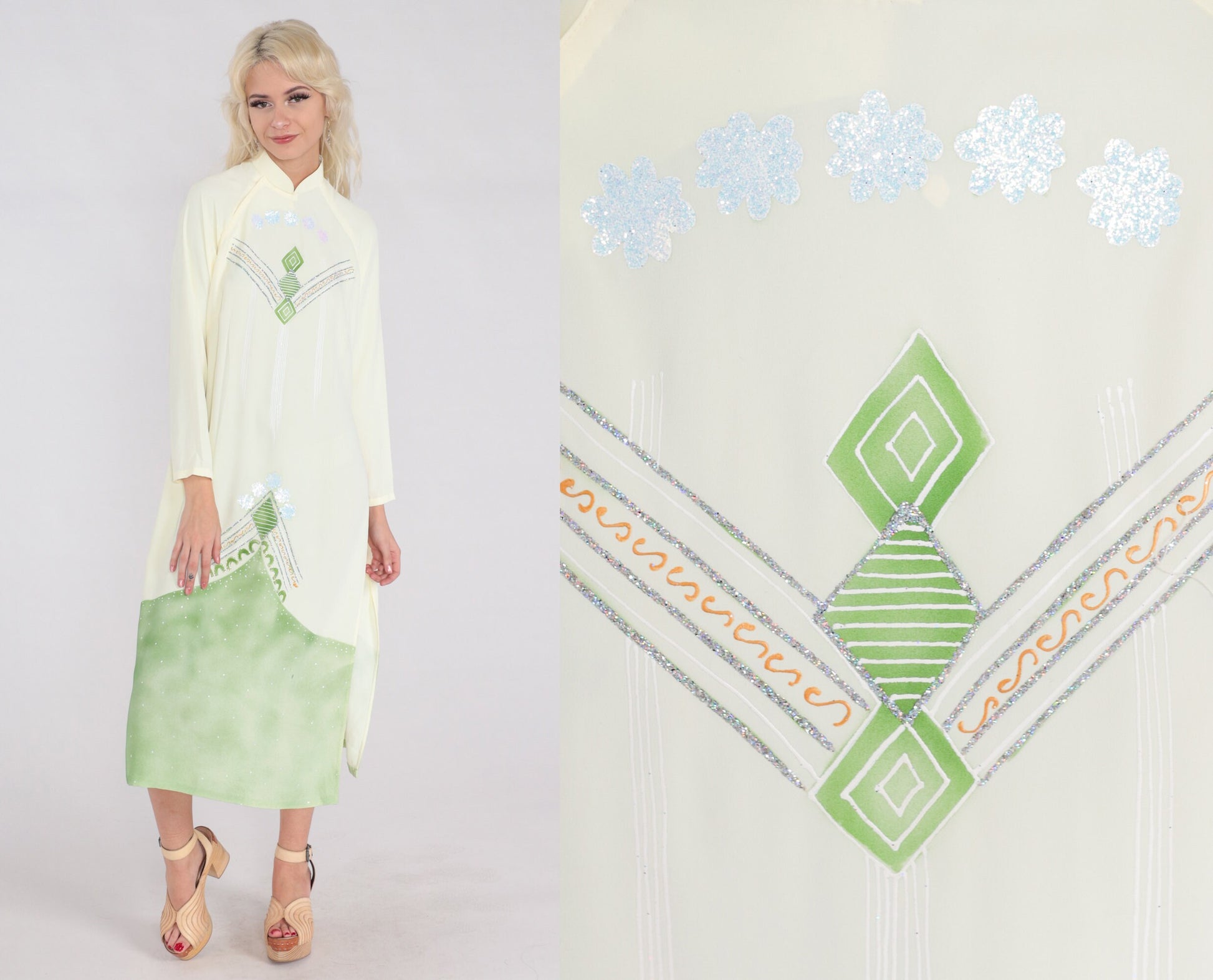 90s Vietnamese Ao Dai Midi Dress Light Yellow Mandarin Collar Long Sleeve Medium M