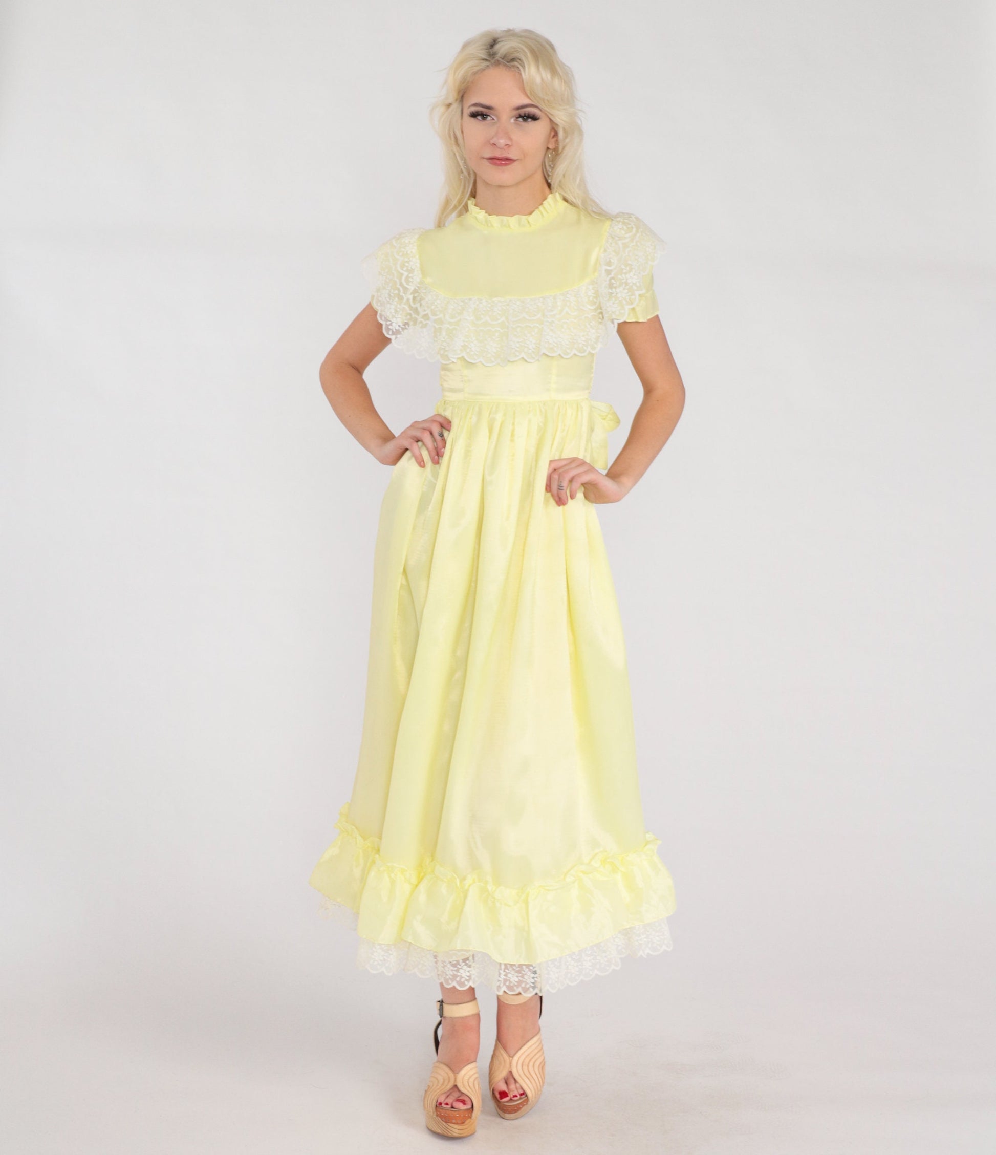 70s Yellow Midi Dress Lace Trim High Waist Puff Sleeve Ruffled Neck XXS