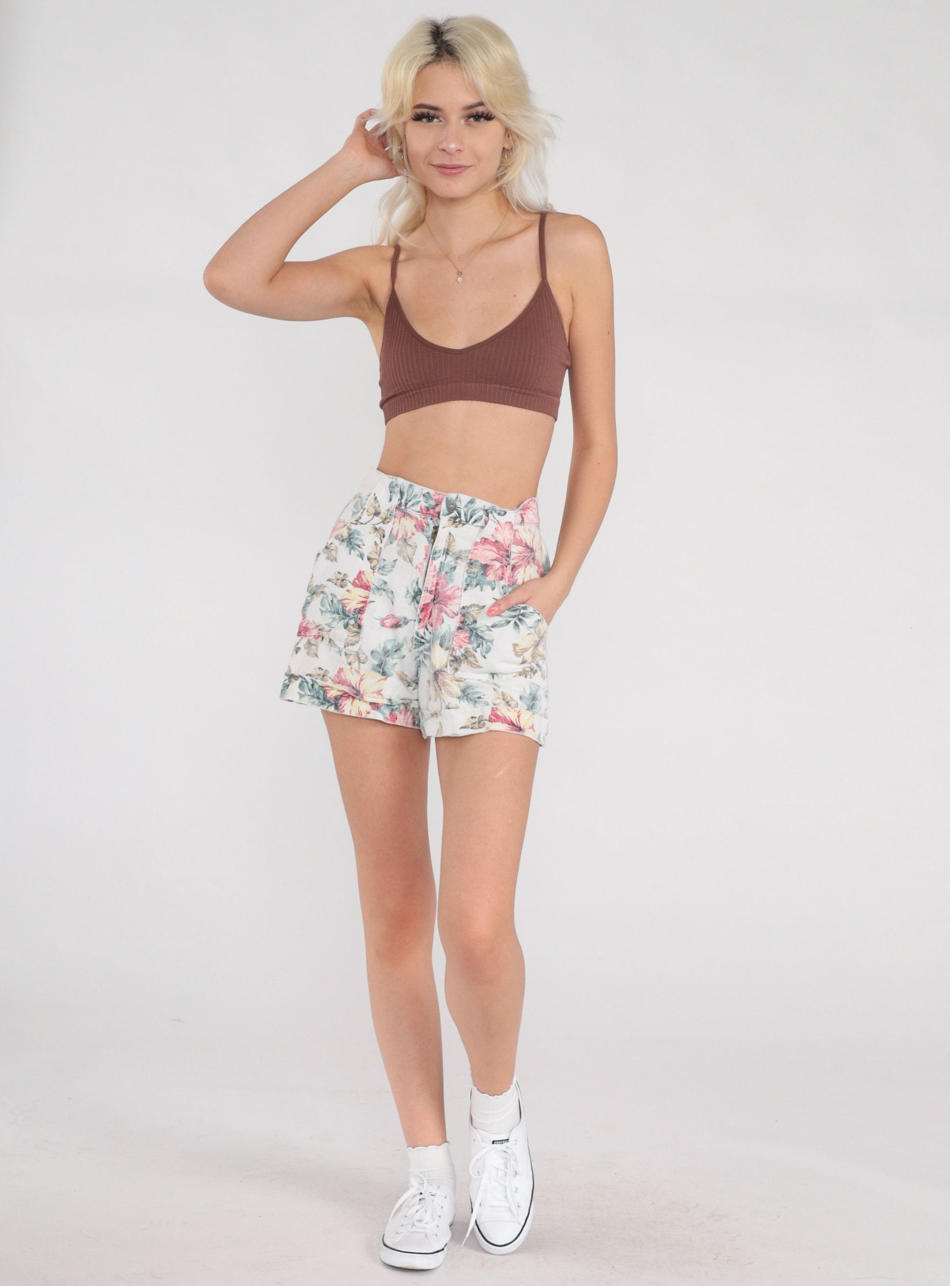 90s White Floral High-Waisted Shorts Cotton Linen Pockets Extra Small