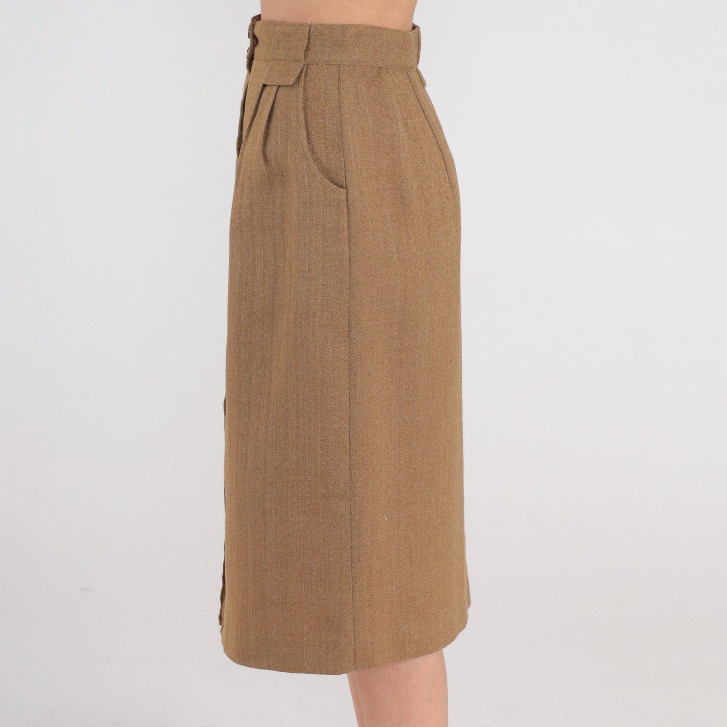 80s Brown Wool Midi Skirt High Waist Pleated Button Front Pockets Extra Small