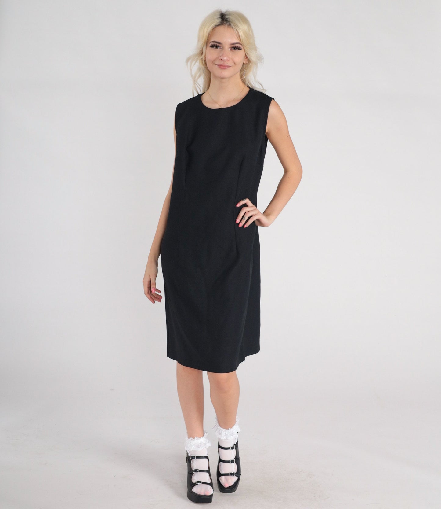 90s Black Shift Mini Dress Sleeveless Zipper Back Large