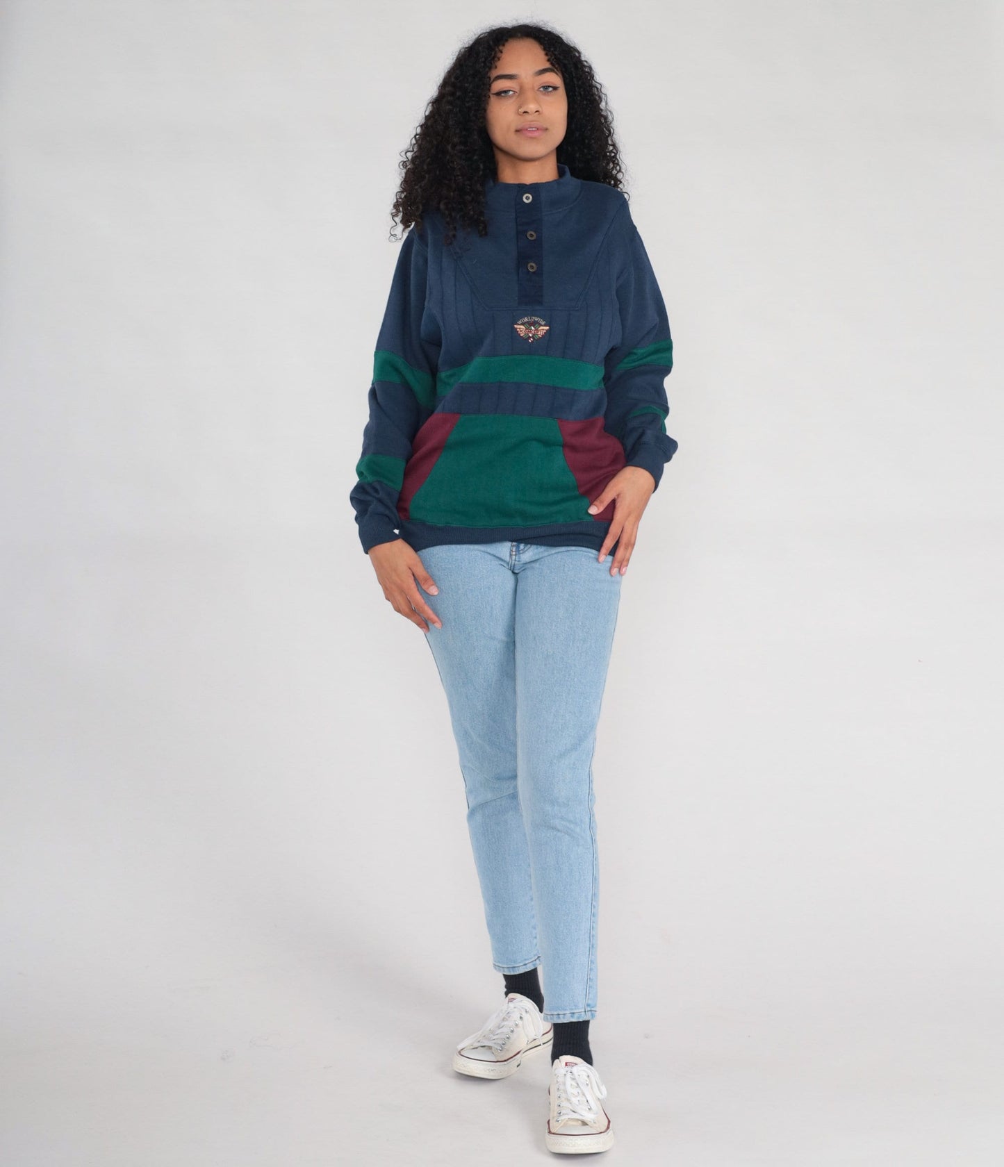 90s Saugatuck Dry Goods Color Block Sweatshirt Navy Green Striped Small