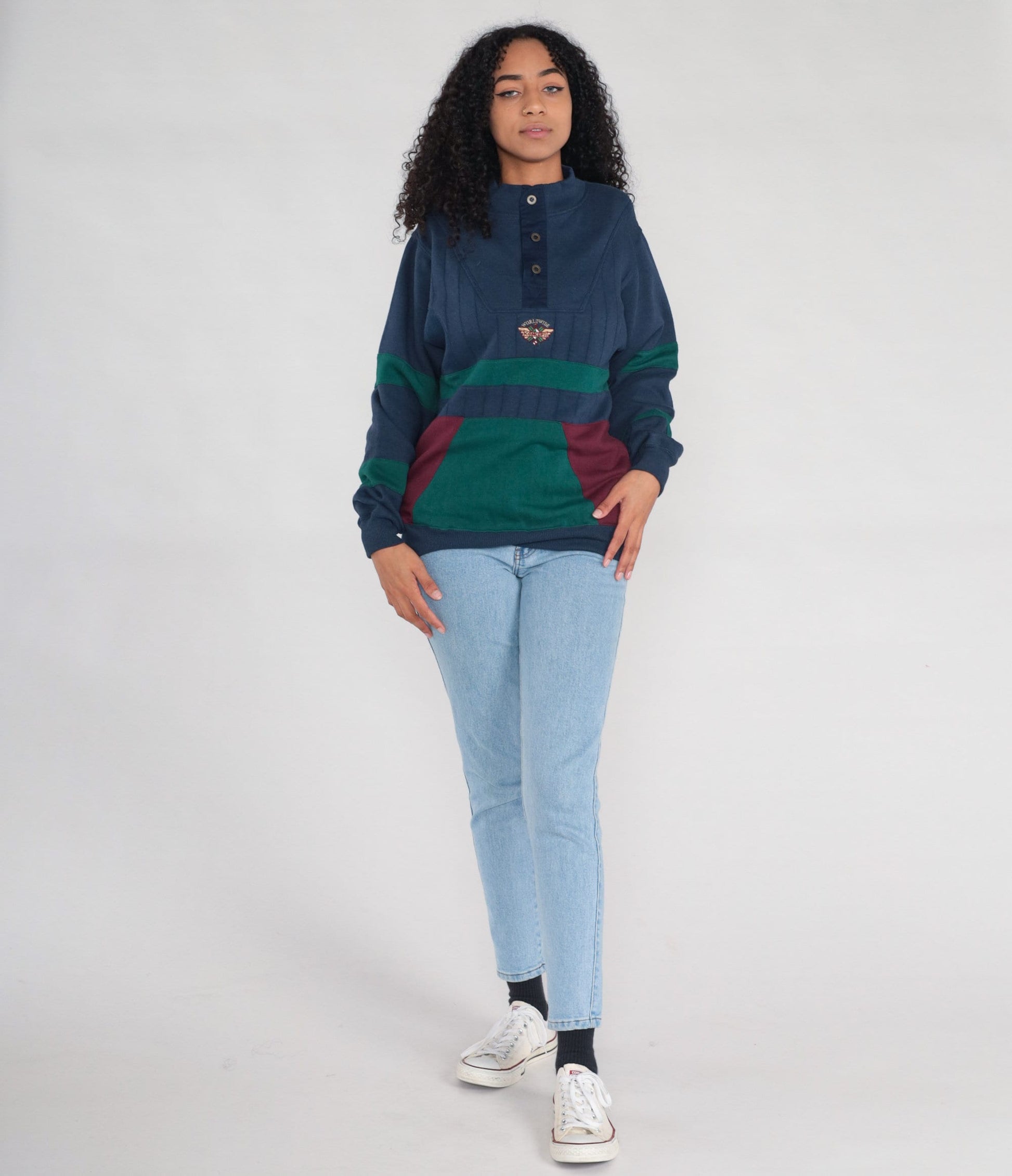 90s Saugatuck Dry Goods Color Block Sweatshirt Navy Green Striped Small