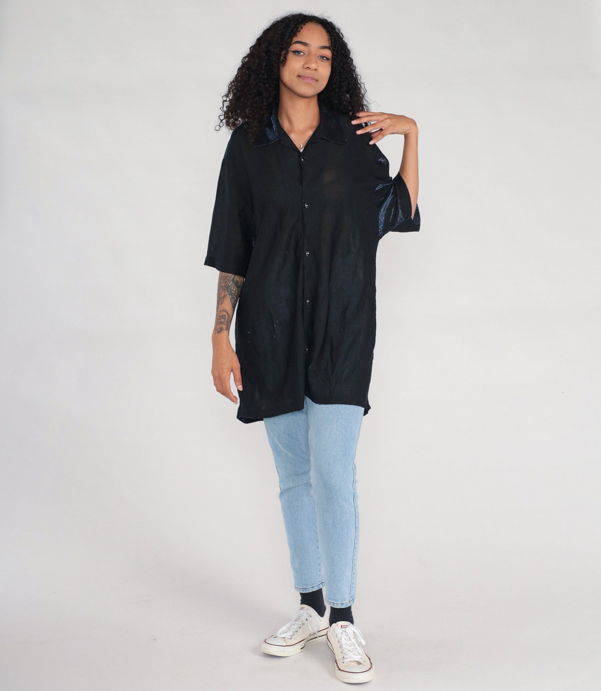 90s Metallic Blue Sparkle Sheer Black Button-Up Blouse Short Sleeve Extra Large XXL
