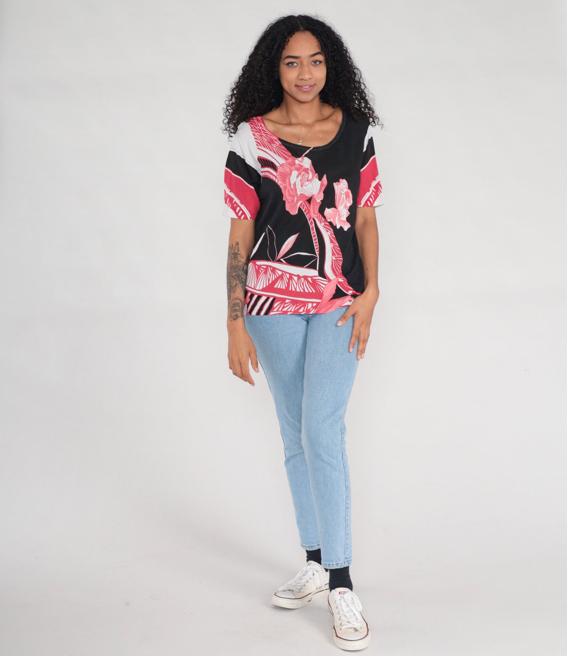 Y2K Floral Knit Shirt Black Pink Abstract Short Sleeve Extra Large