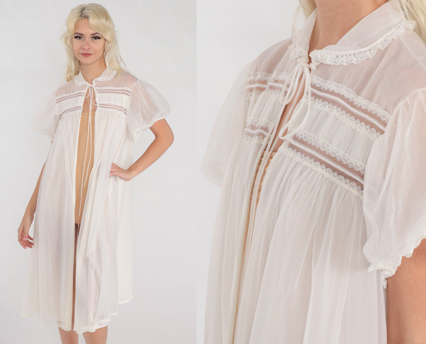 70s White Nylon Peignoir Robe Peter Pan Collar Tie Front Midi Small