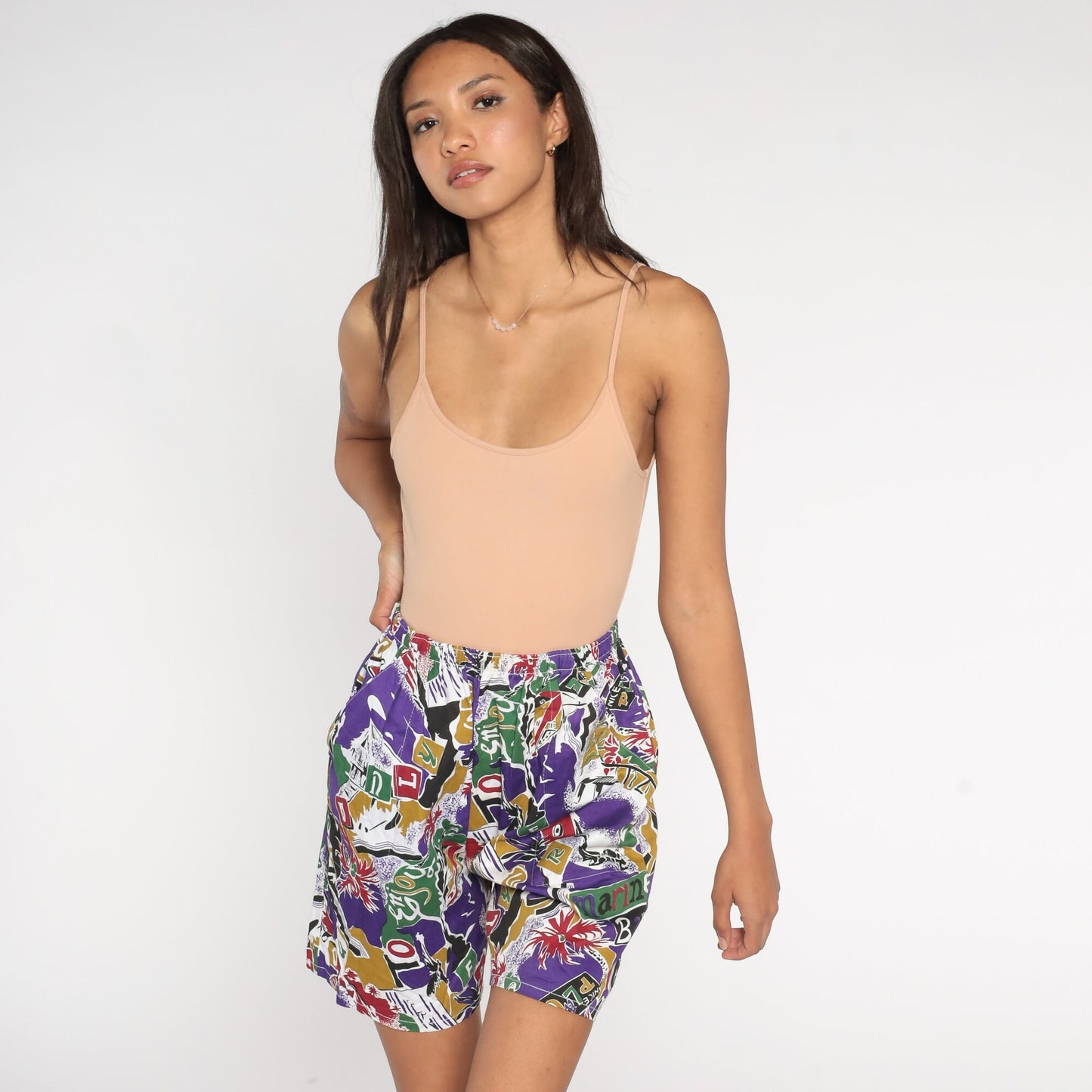 80s Tropical Print Shorts Purple High-Waist Elastic Waist Small Medium
