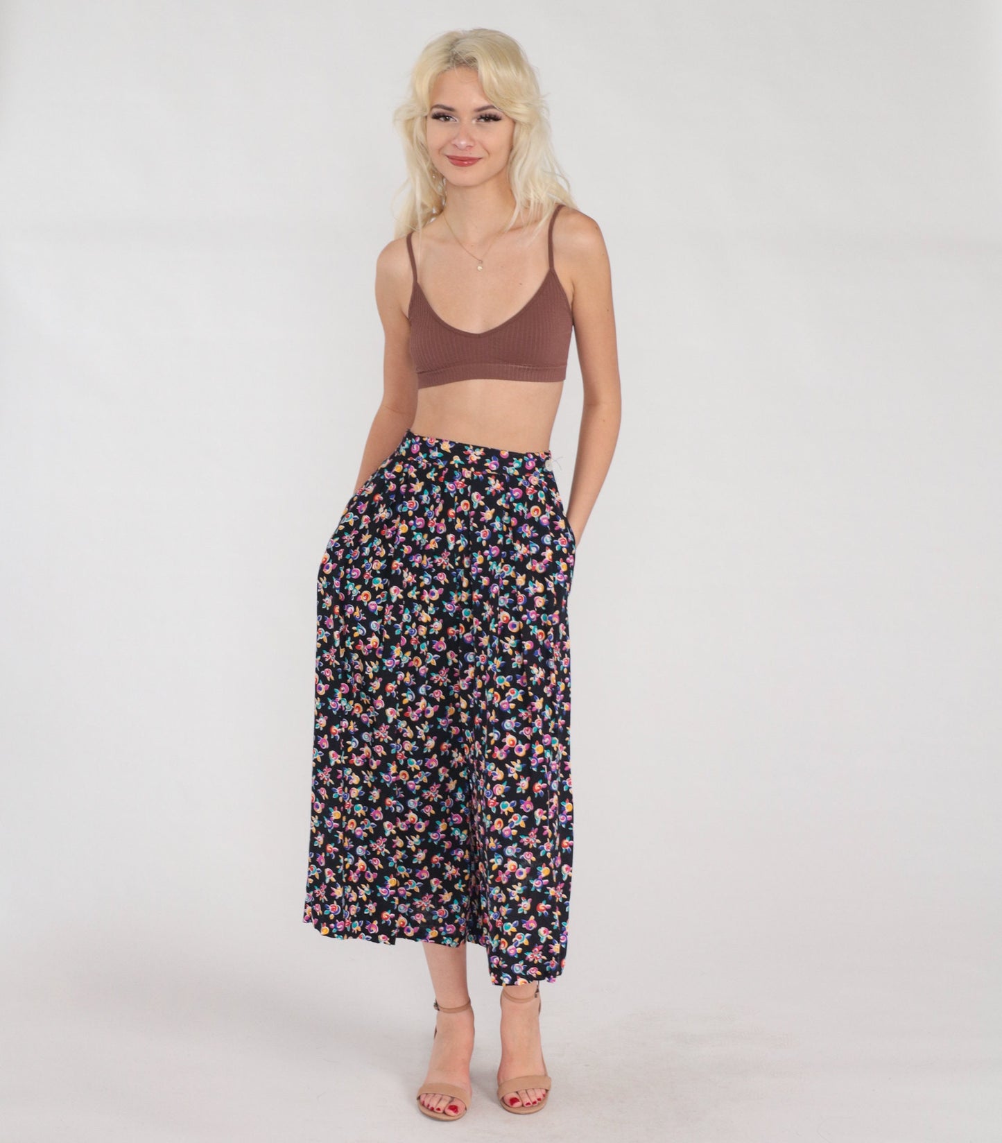 90s Black Floral Midi Skirt High Waist Pleated Rose Print Small
