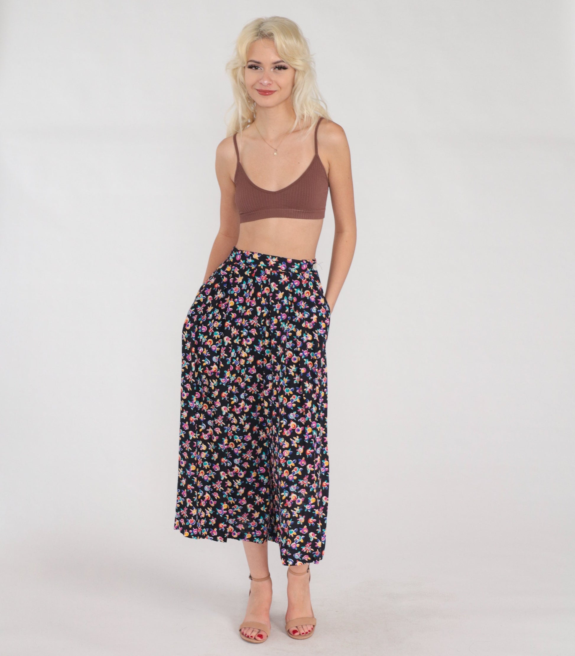 90s Black Floral Midi Skirt High Waist Pleated Rose Print Small