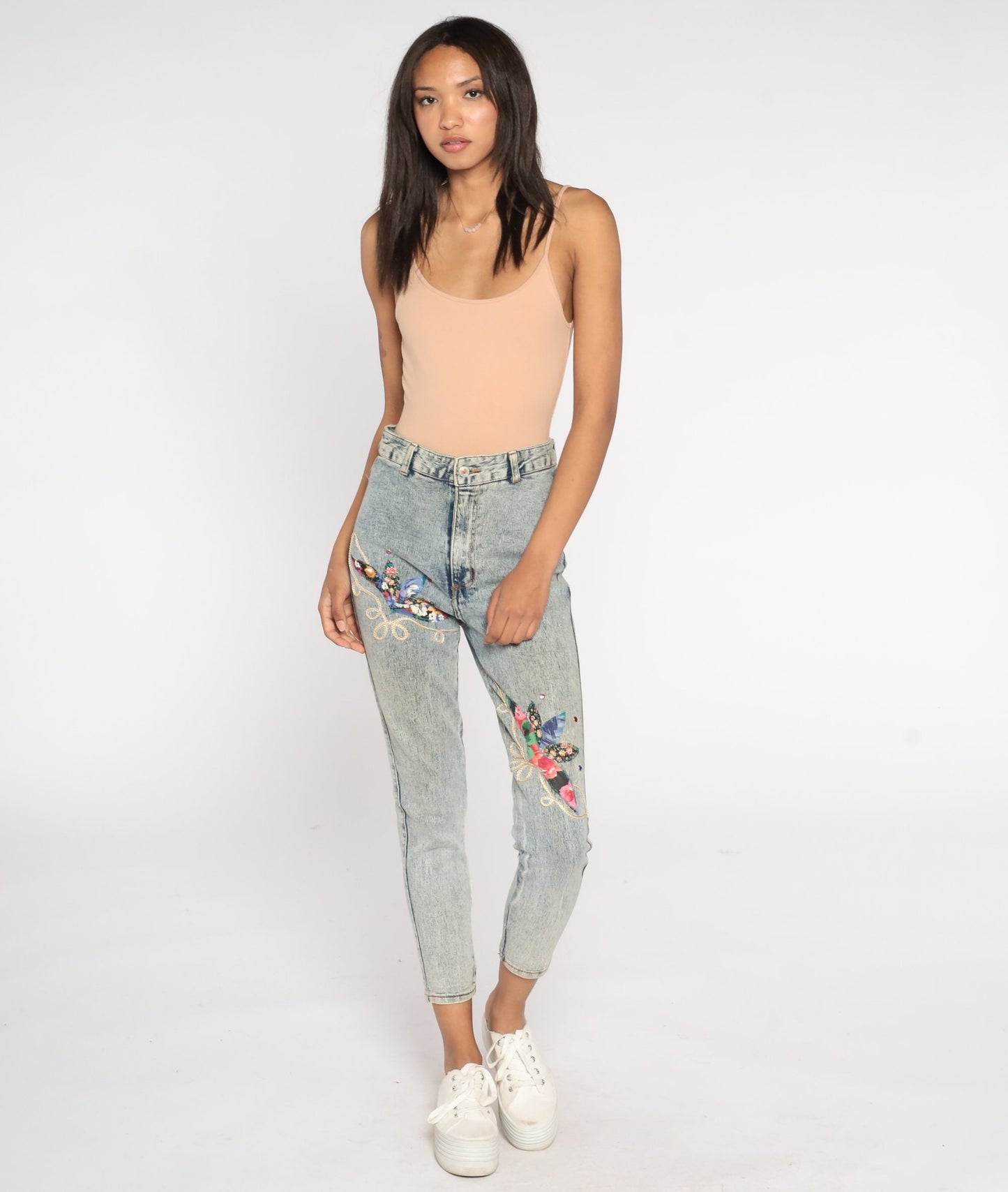 80s Acid Wash Beaded High-Waist Skinny Jeans Blue Denim Small
