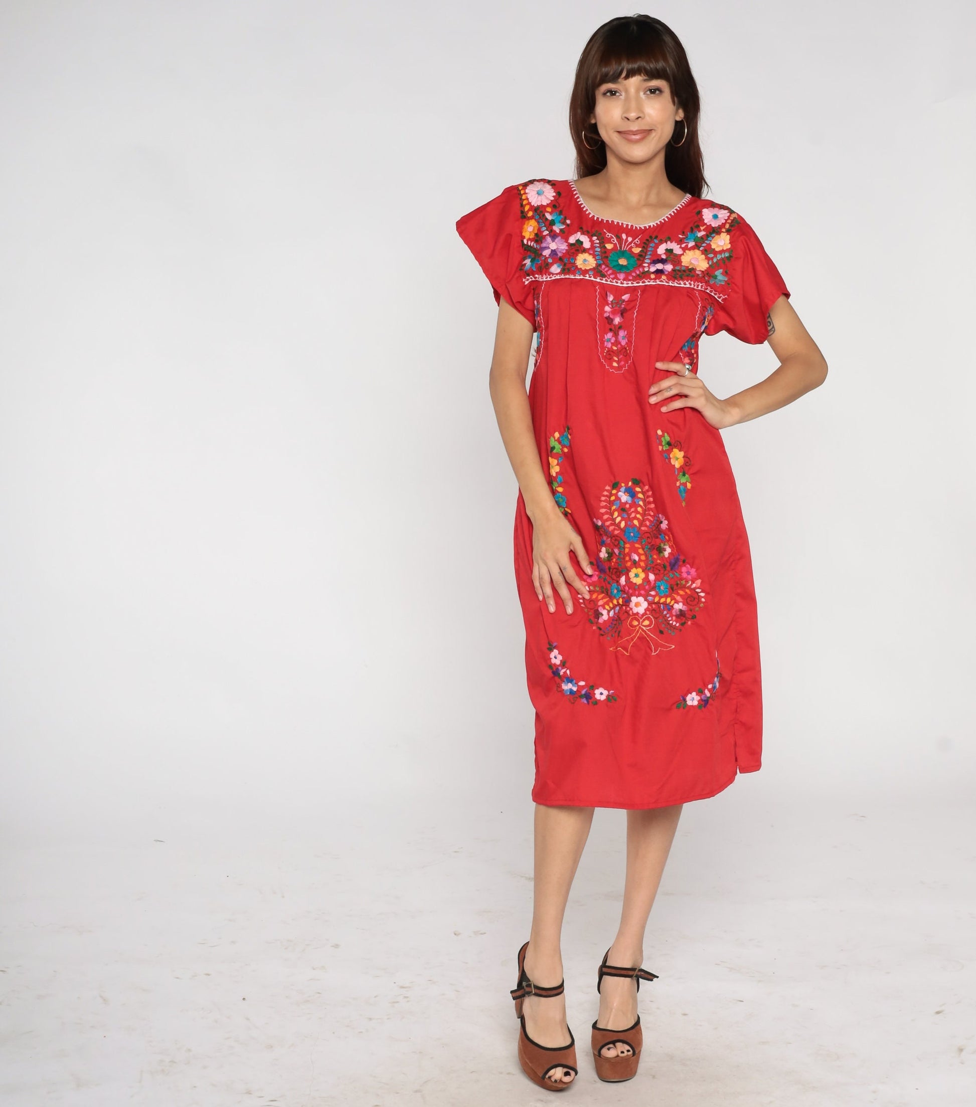 90s Mexican Embroidered Floral Midi Dress Red Cotton Small S