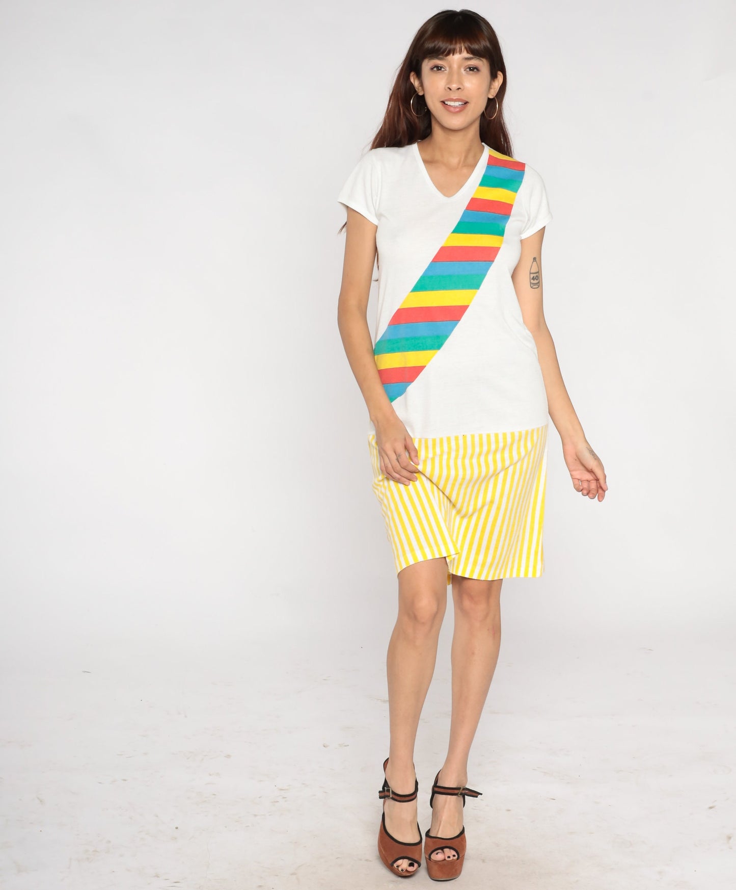 80s Rainbow Sash Striped T-Shirt Dress White Yellow Mini V-Neck Small S