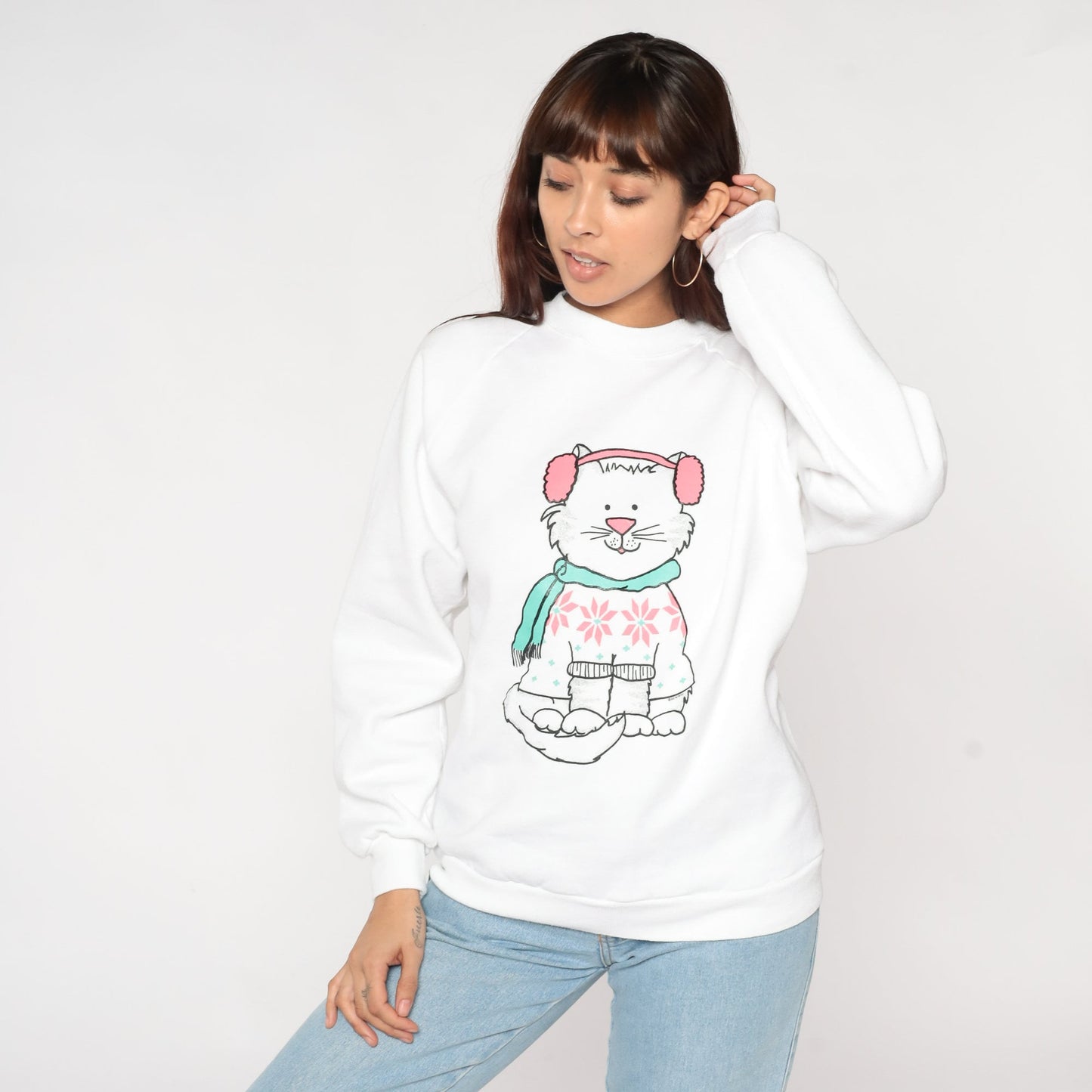 90s Winter Cat Front Back Print Sweatshirt White Jerzees Raglan Large L