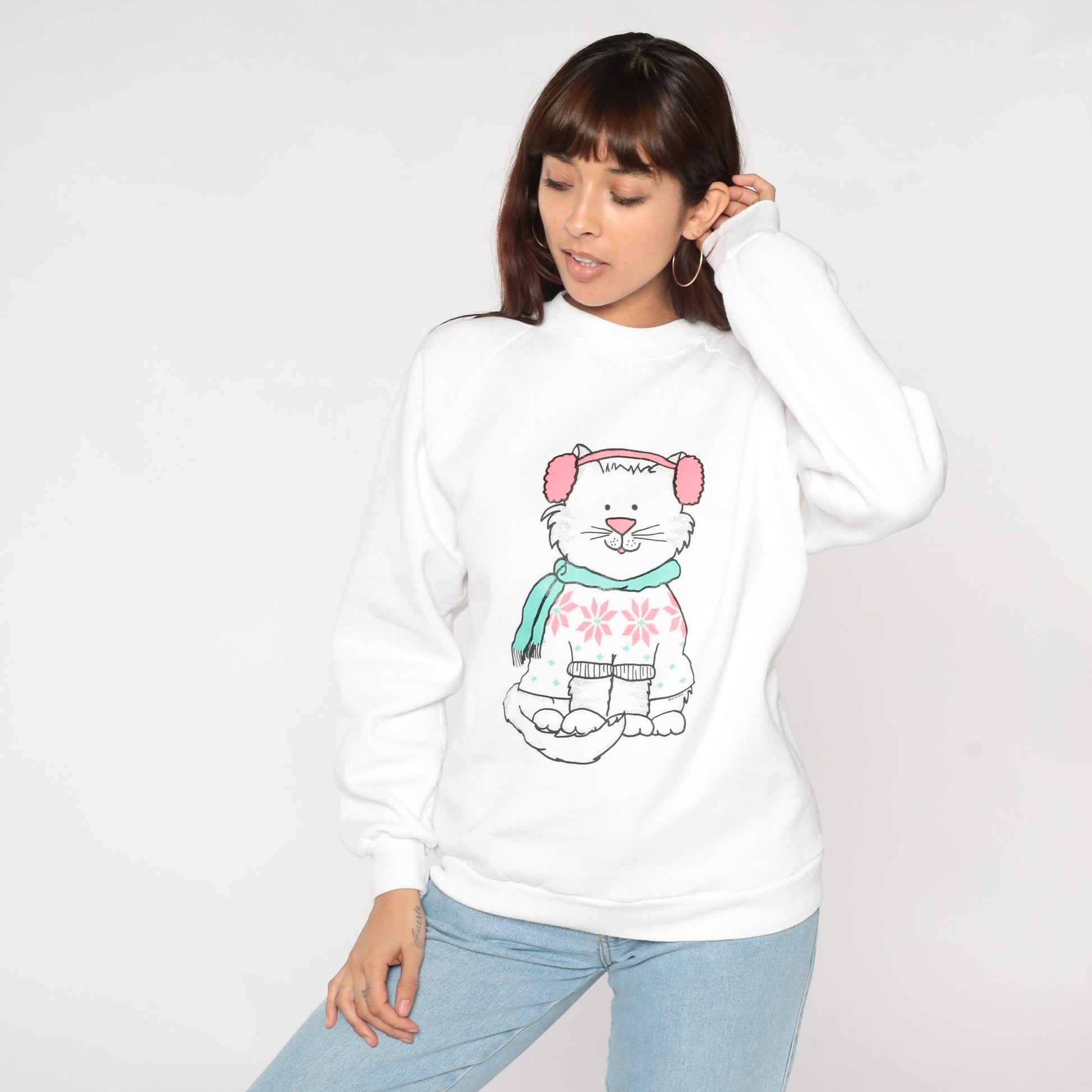 90s Winter Cat Front Back Print Sweatshirt White Jerzees Raglan Large L