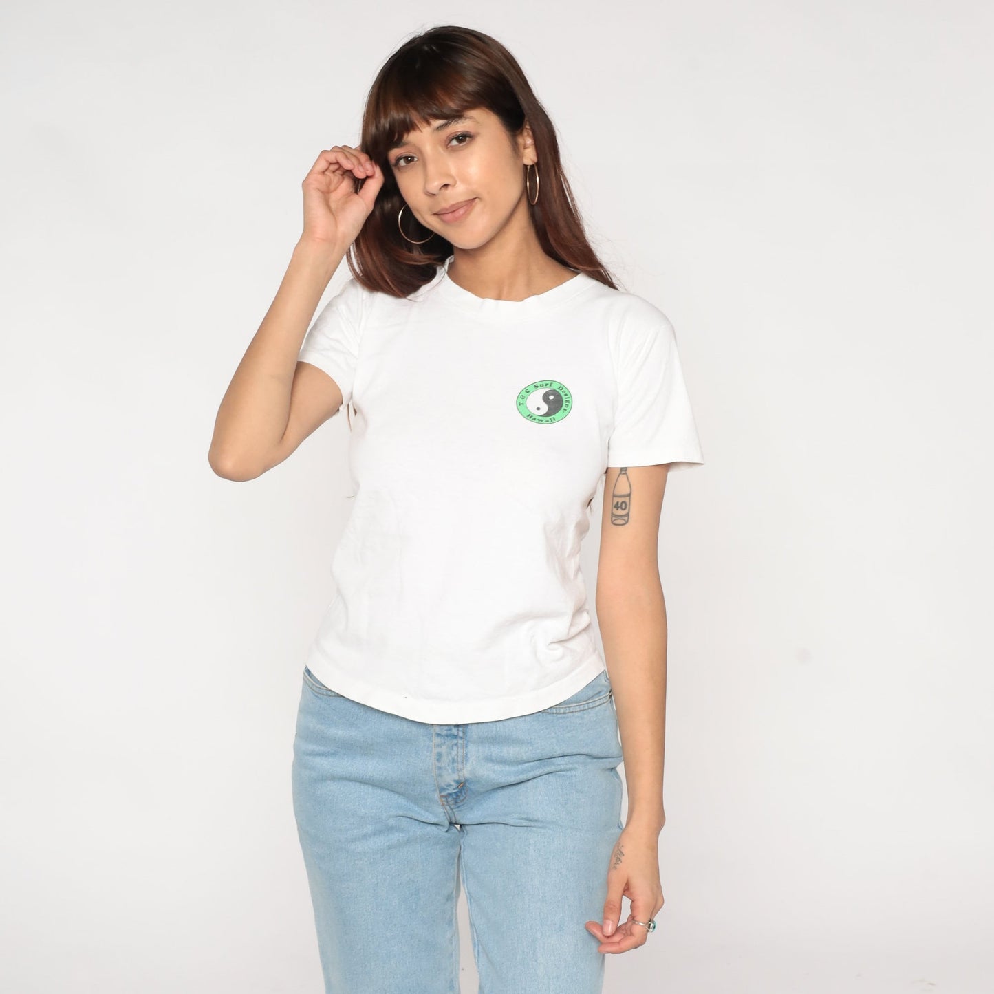 90s T&C Surf Designs Hawaiian Surf Gods Yin Yang Graphic Tee White Single Stitch XS