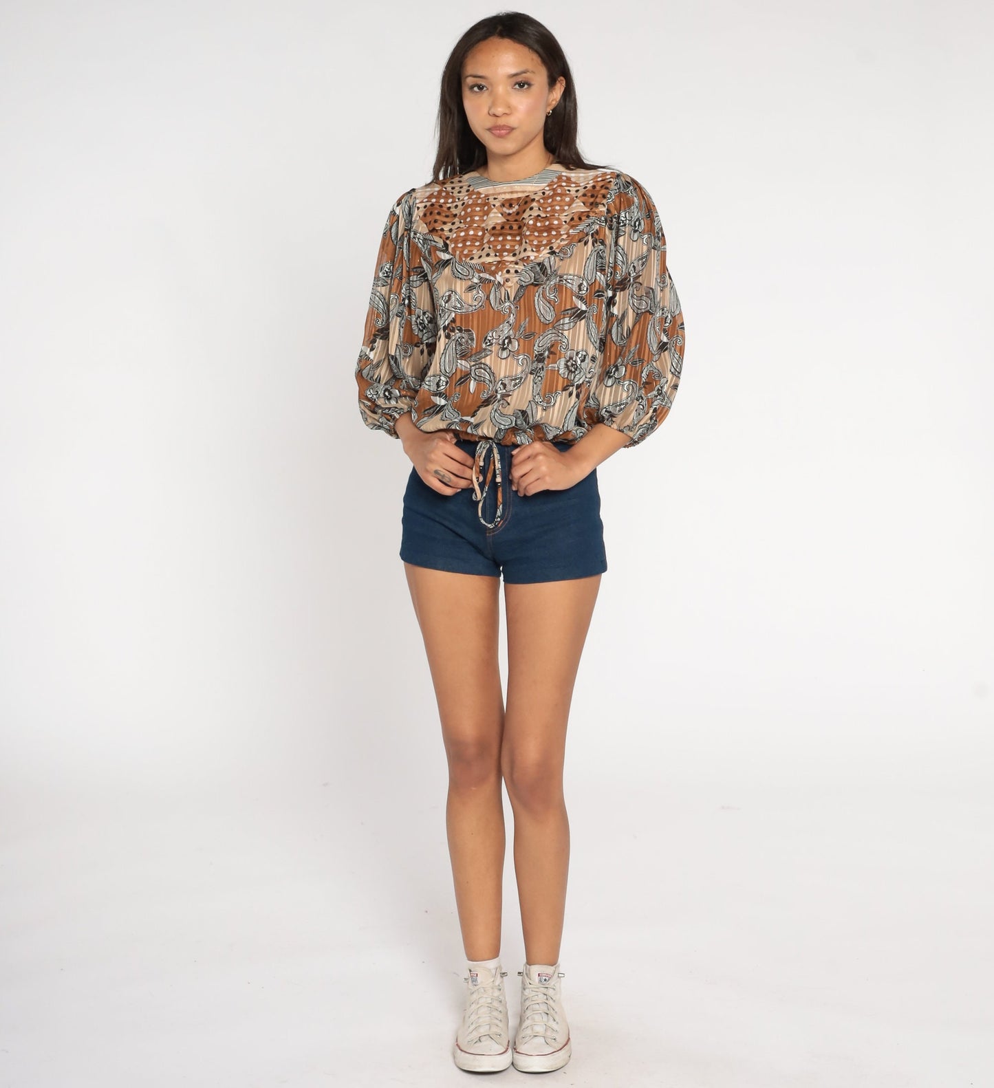 80s Diane Freis Paisley Floral Crop Top Puff Sleeve Blouse Brown Medium Large