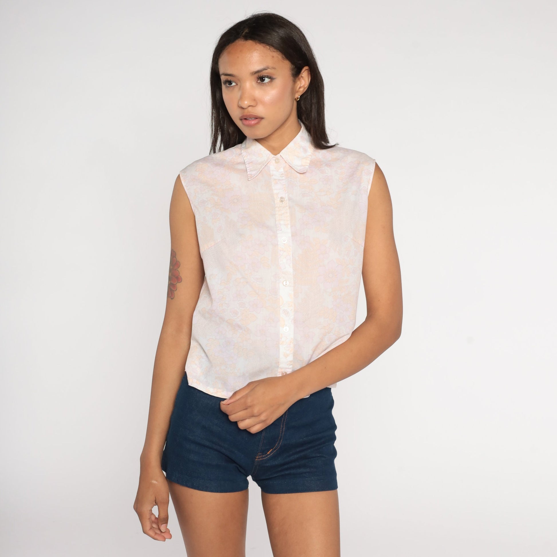 70s Floral Tank Top White Lavender Button-Up Sleeveless Blouse Small