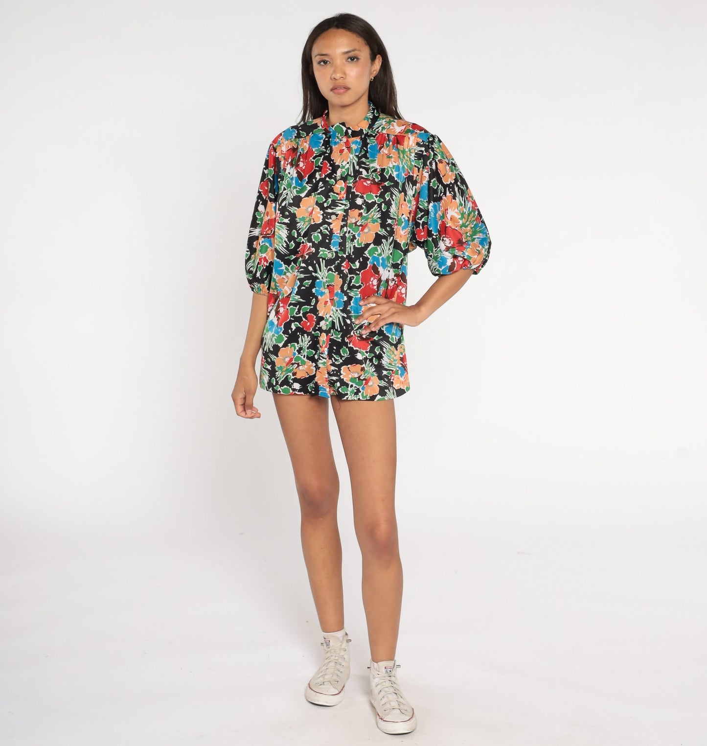 70s Floral Button-Up Blouse Black Multicolored Flower Print 3/4 Sleeve Extra Large