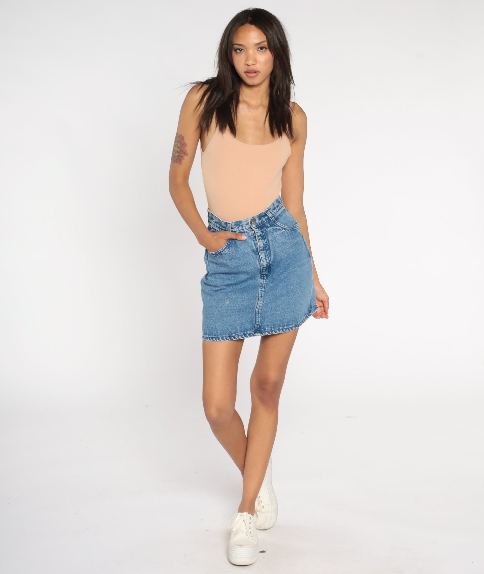 90s Blue Denim Mini Skirt High Waist Pencil Cut Small