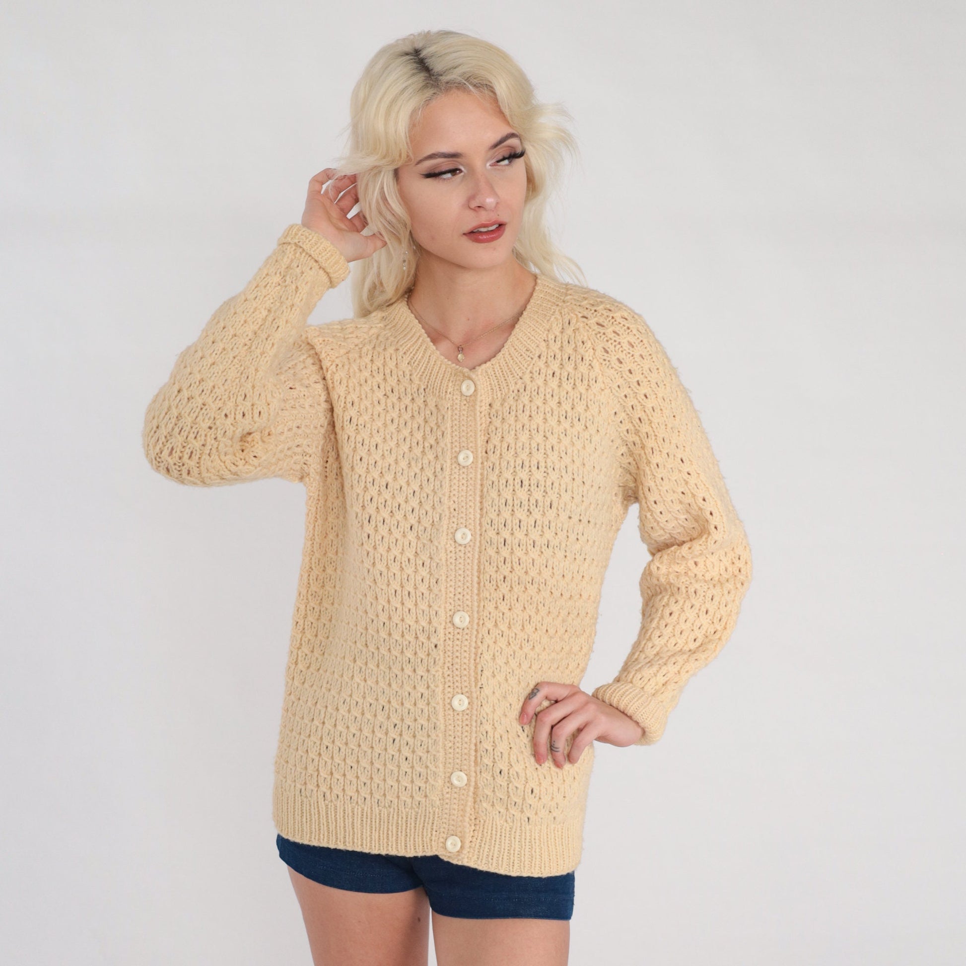 60s Cream Open Weave Cardigan Chunky Knit Button-Up Sweater Medium M