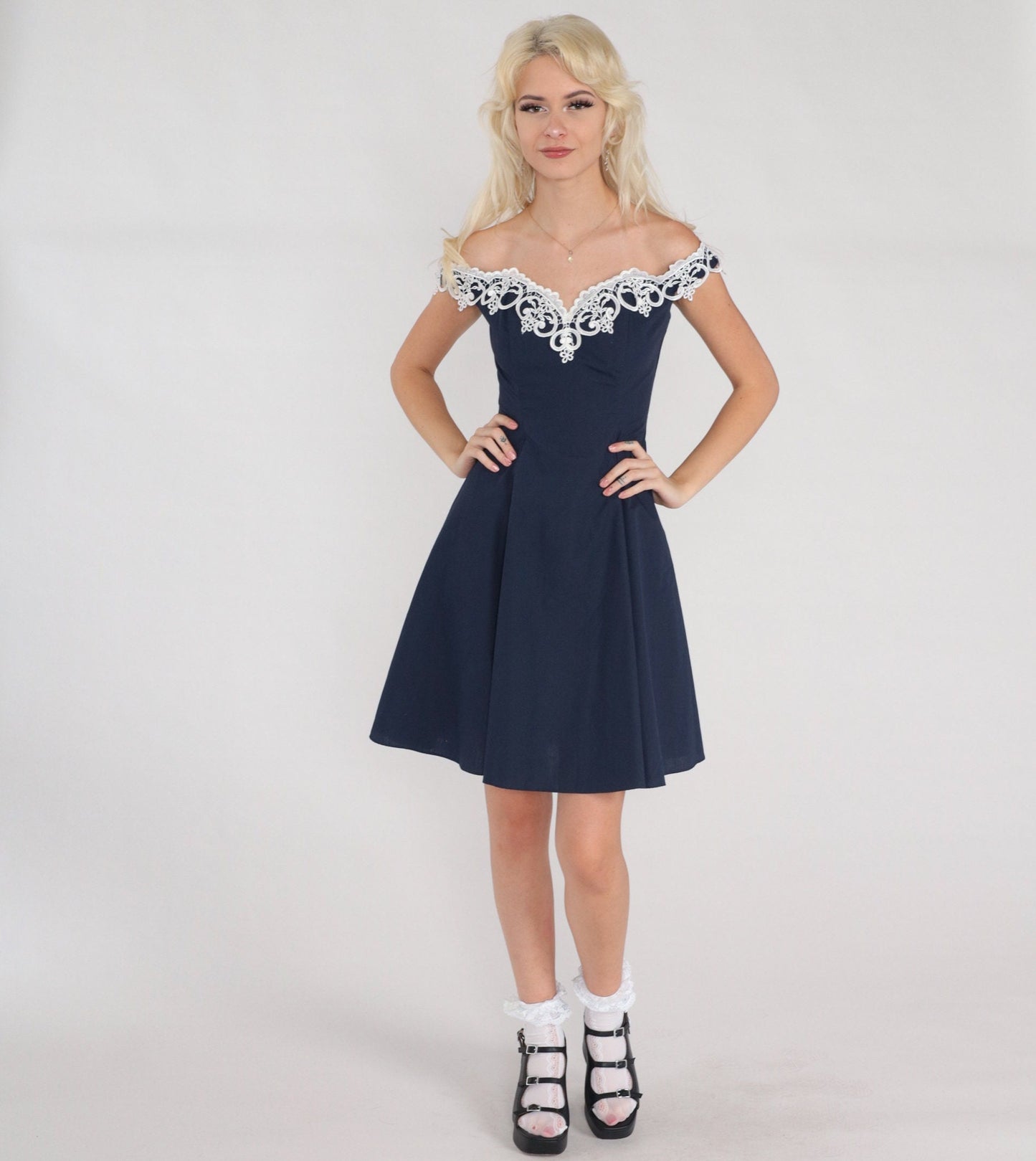 80s Gunne Sax Mini Dress Navy Floral Lace Off-Shoulder Fit Flare XXS