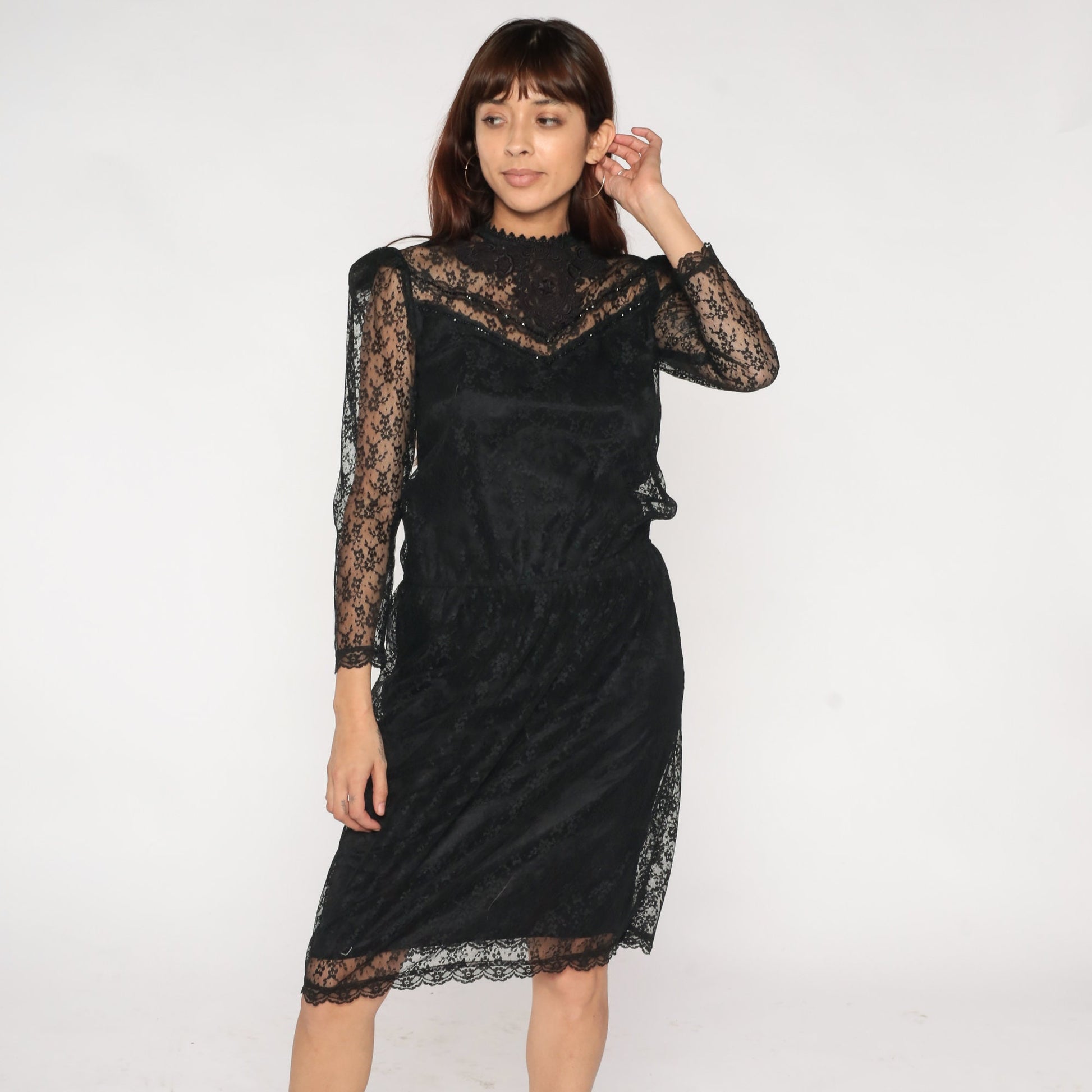 80s Scott McClintock Black Lace Midi Dress Beaded Illusion Neckline Small