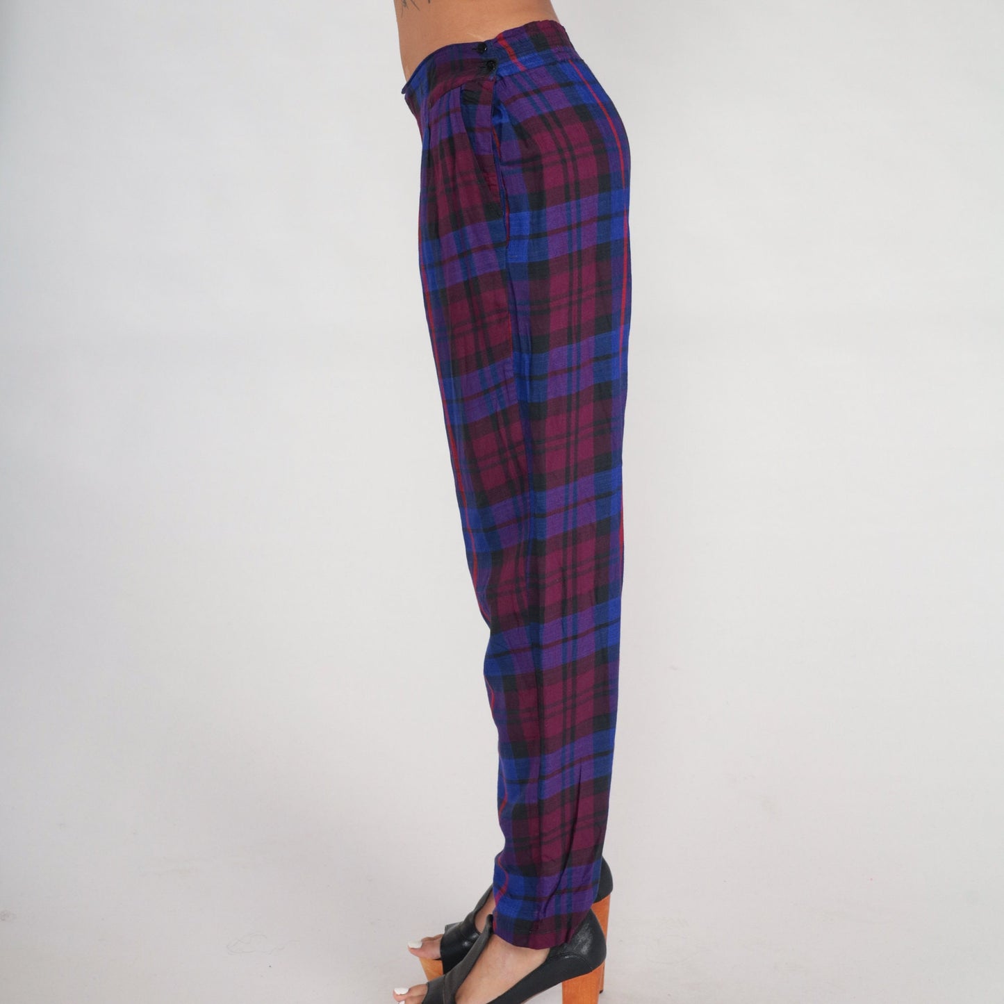 90s Plaid Tapered Trousers Purple Blue High Waisted Pleated Rayon Large