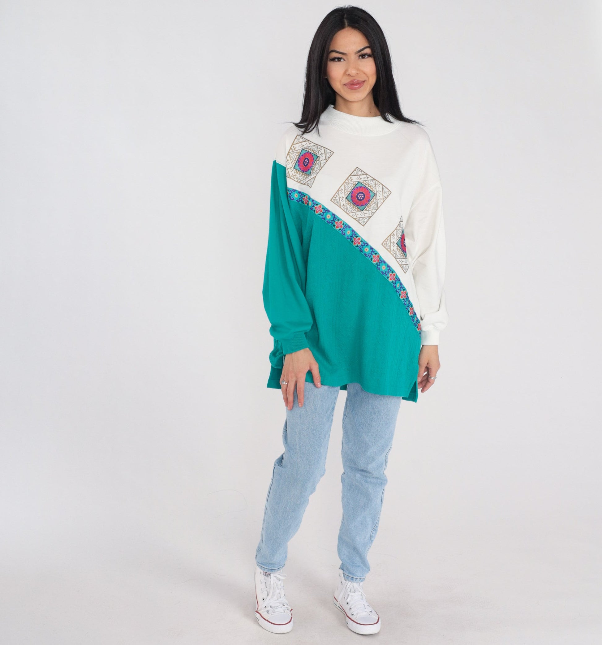 90s Floral Tile Print Color Block Long Sleeve Tee White Green Extra Large 1X