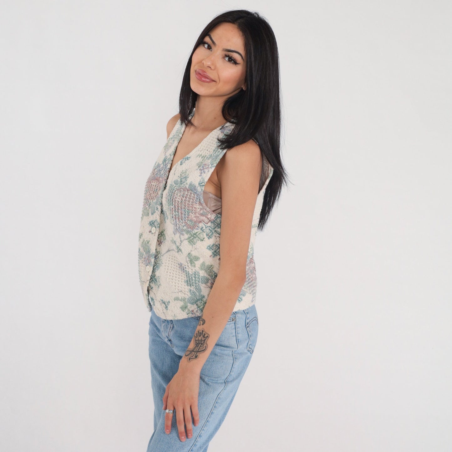90s Floral Tapestry Button-Up Vest Cream Woven Sleeveless Small