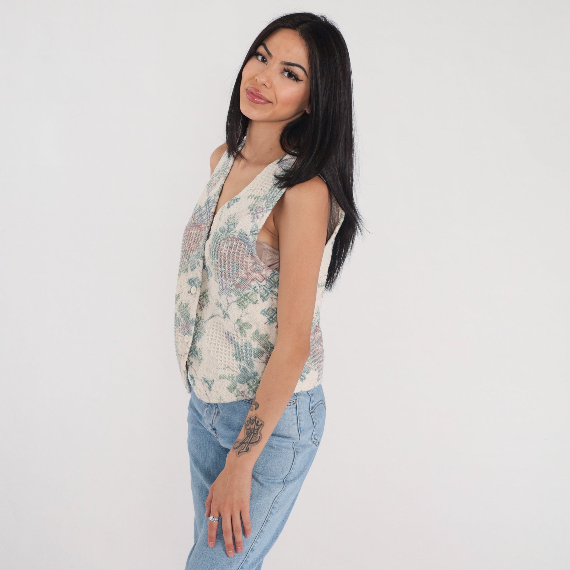90s Floral Tapestry Button-Up Vest Cream Woven Sleeveless Small
