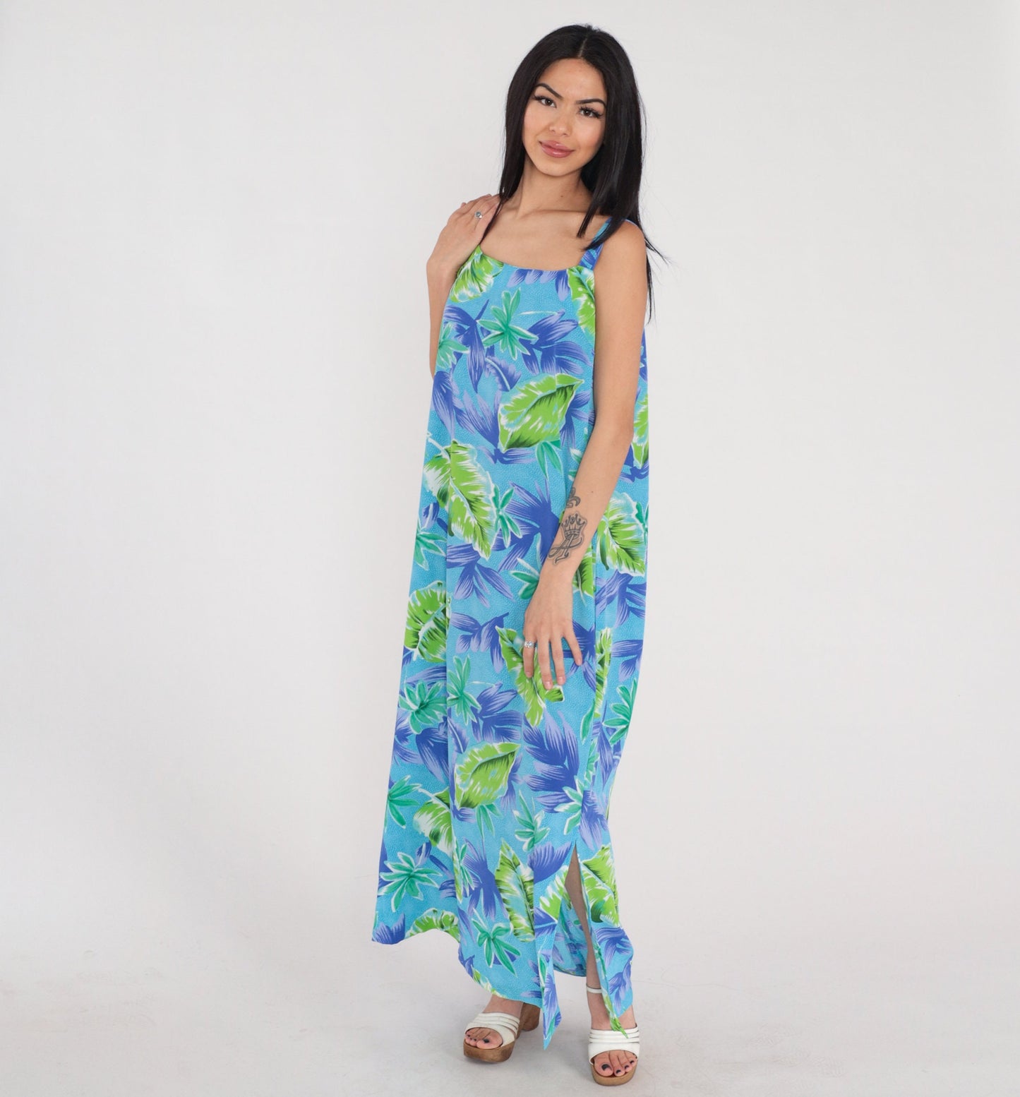 90s Hawaiian Maxi Dress Tropical Leaf Print Blue Green Purple Sleeveless XXL