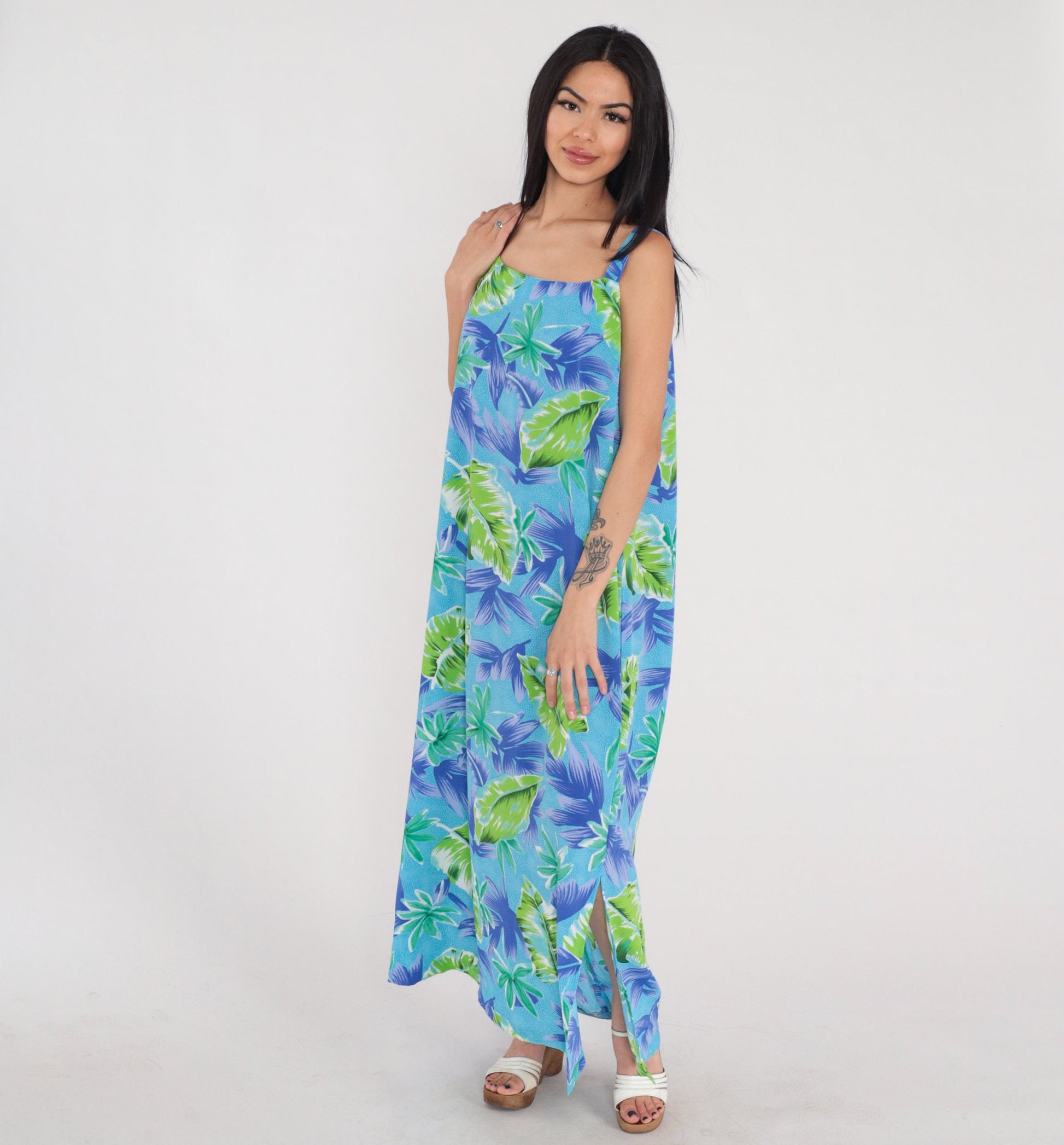 90s Hawaiian Maxi Dress Tropical Leaf Print Blue Green Purple Sleeveless XXL