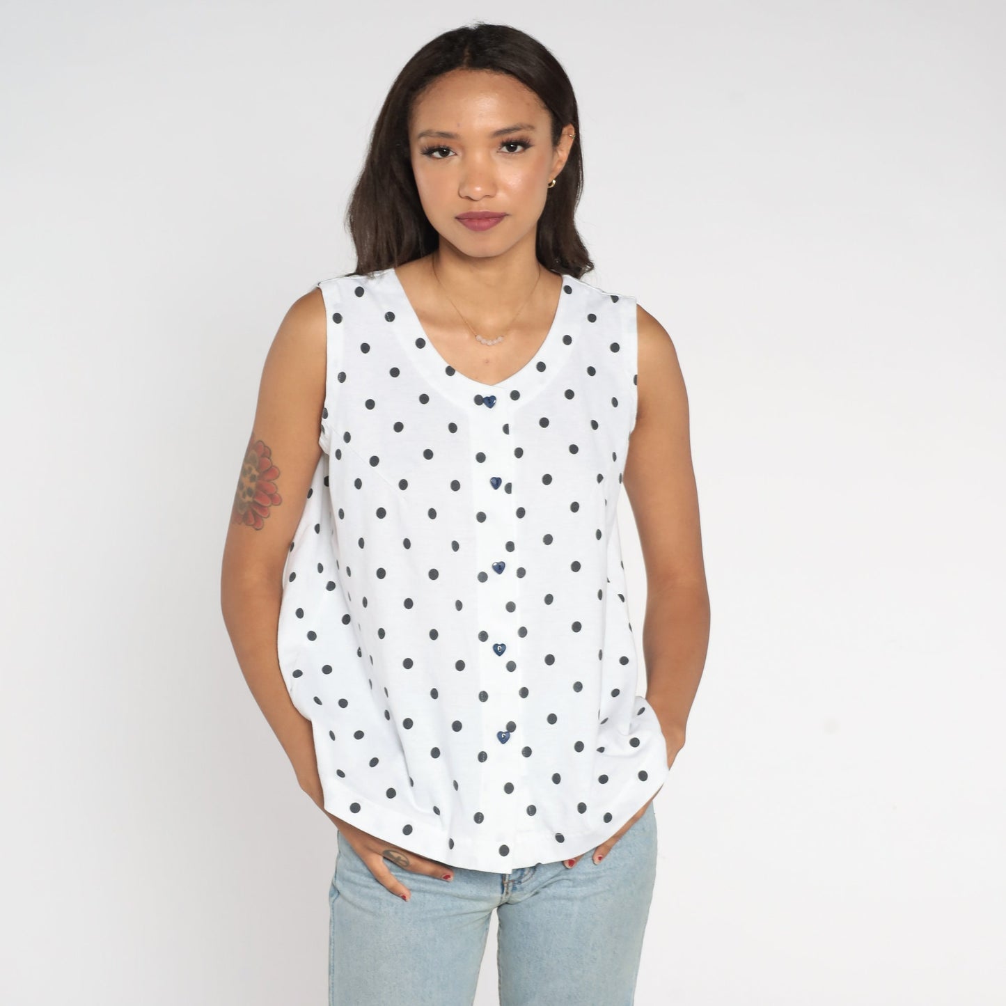 80s White Polka Dot Tank Top Heart Button Single Stitch Small