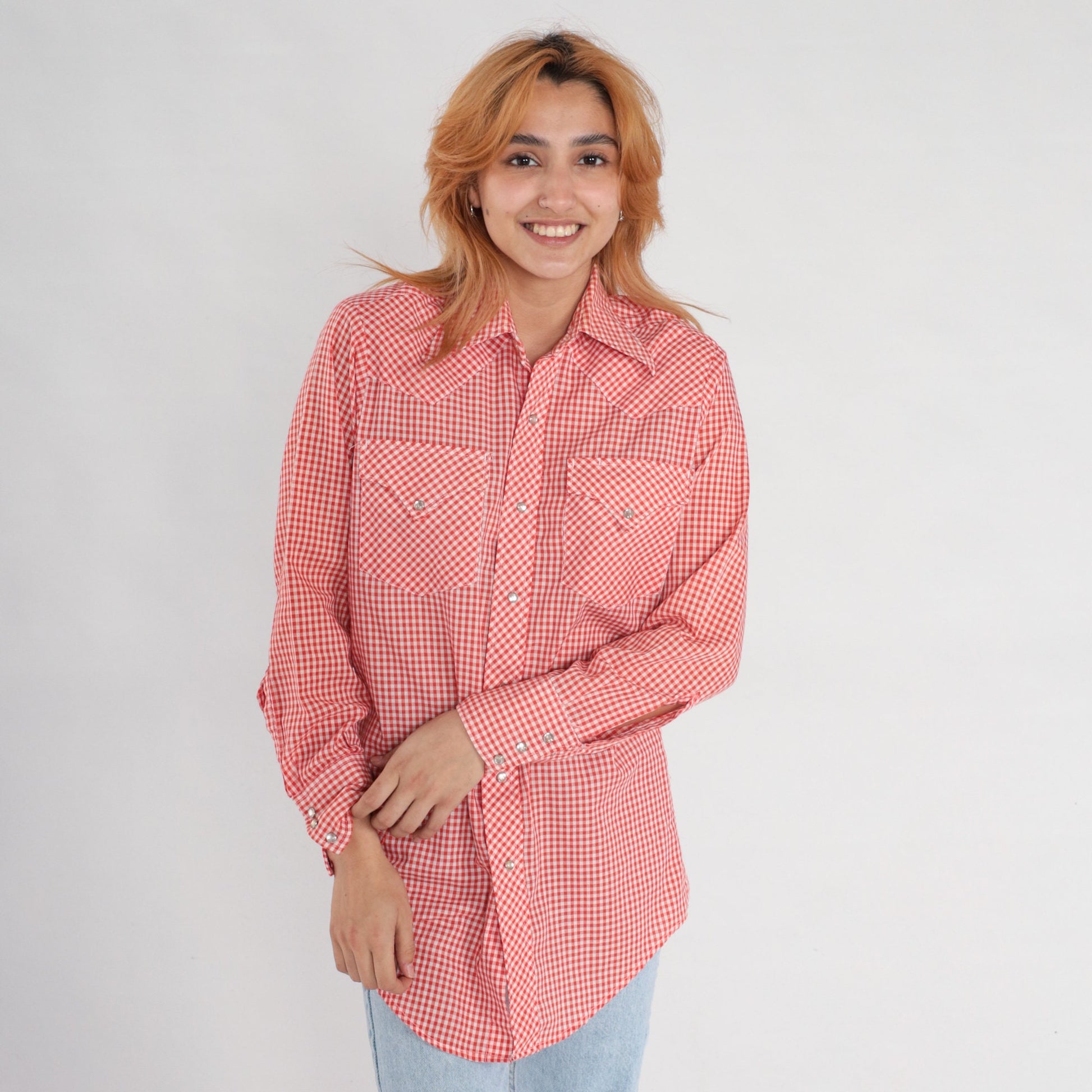 70s Lee Red Gingham Pearl Snap Western Shirt Plaid Cotton Blend Small